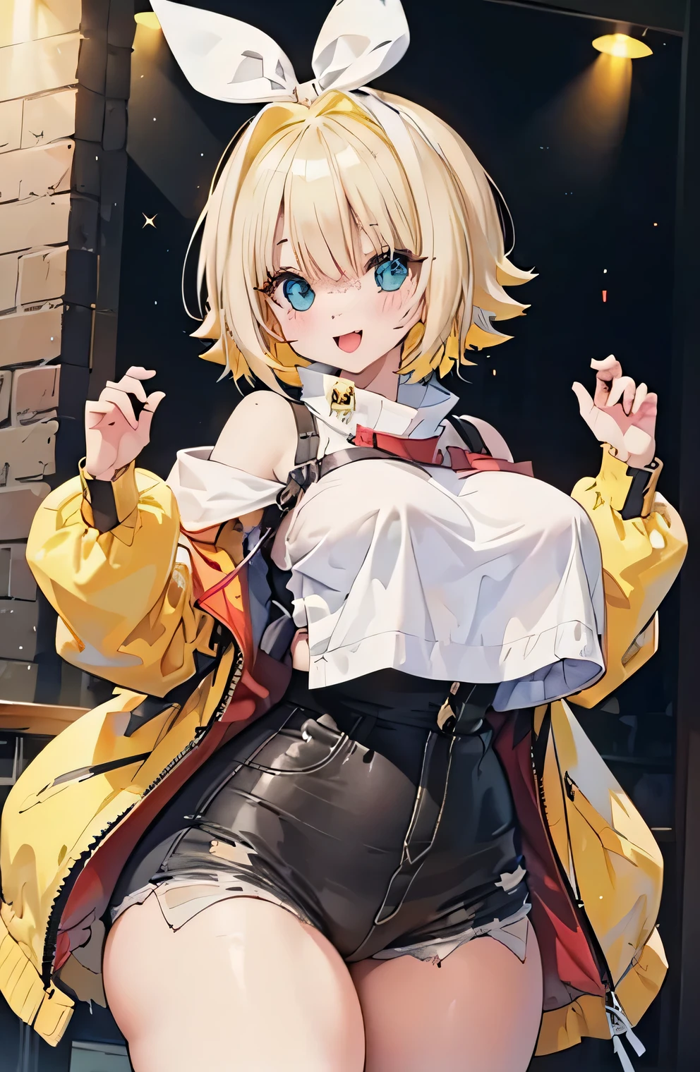 Anime illustration、highest quality、Idol、Sing and dance、Kagamine Rin、Perfect proportions、overwhelmingly big breasts、Thick legs、Beautiful, shining eyes、Blushed、smile、Cowboy Shot