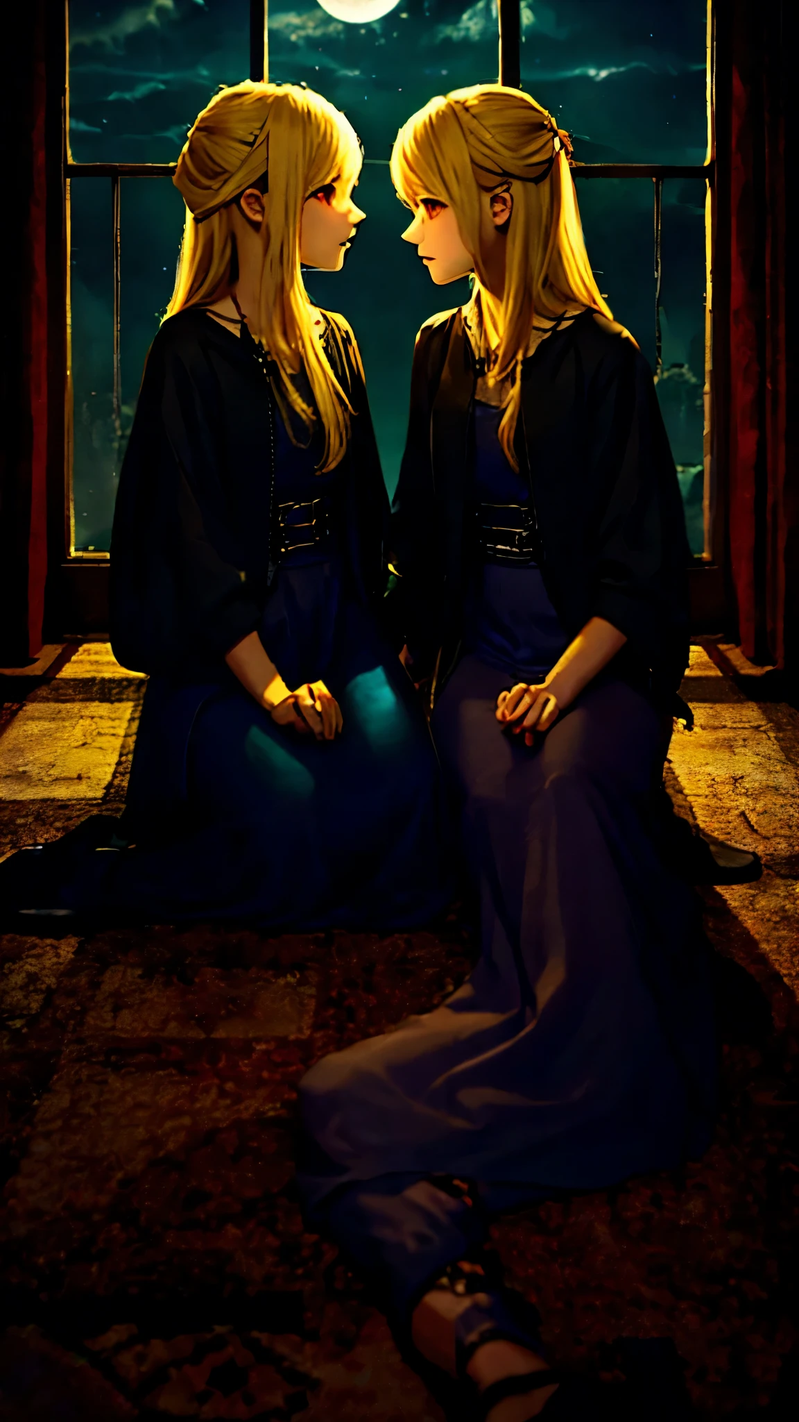 Twin sisters sitting on the floor, dark fantasy, thriller, room, magical things, holding hands, dark clothes, Blonde hair, casual wear, Twilight, Moonlight