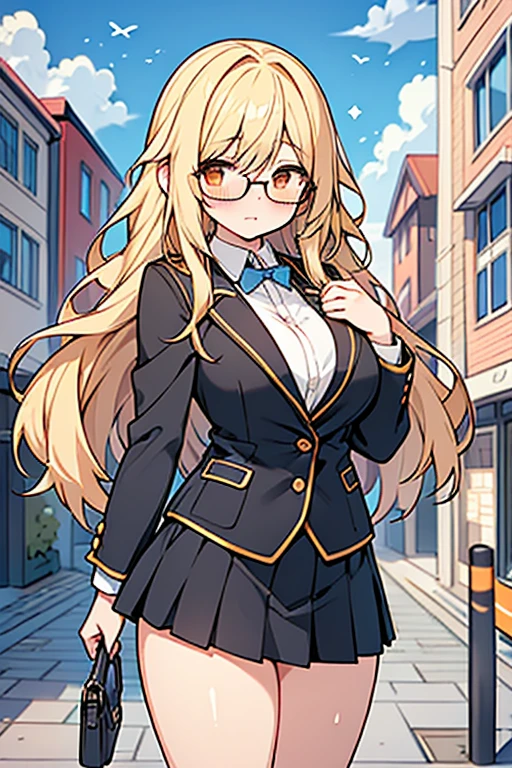 girl、high school student、Blonde、Hair that flies around、long hair、Orange eyes、Wearing black-rimmed glasses、Thick thighs、（（G-Cup））、Make your breasts bigger、unconfident、Blushing（（highest quality））、Anime Style、Residential Street、uniform、Black blazer、skirt、I have a bag