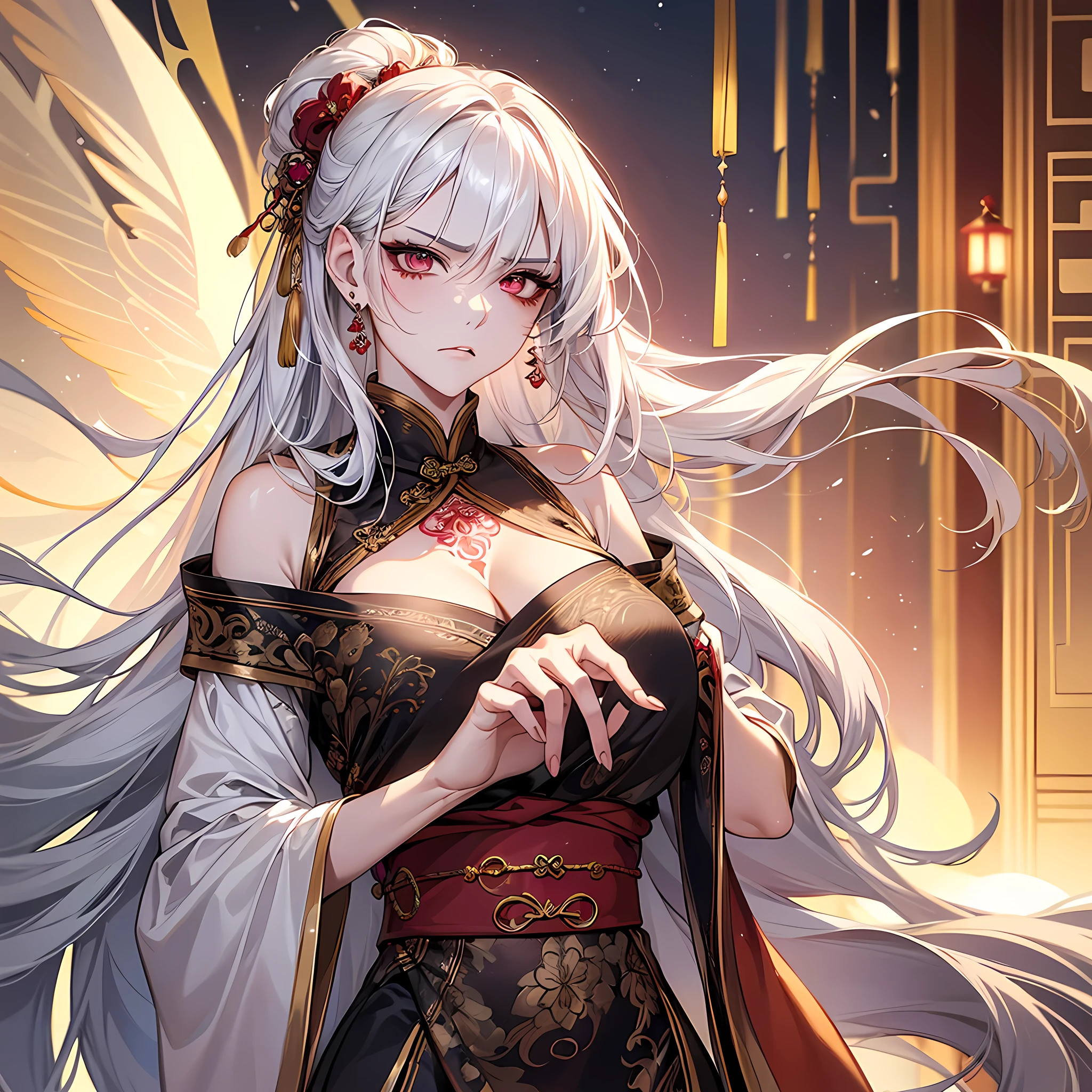 (photorealistic, high resolution, 1 woman, hips up), beautiful detailed eyes, long hair, ringed eyes, white hair, elegant jewelry, intricate tattoo, graceful hanfu, ethereal Chinese fairy, slender fingers, mature sister, cleavage, face to detail, detailed eyes, eyes extremely detailed, white hair, red eye, feel angry