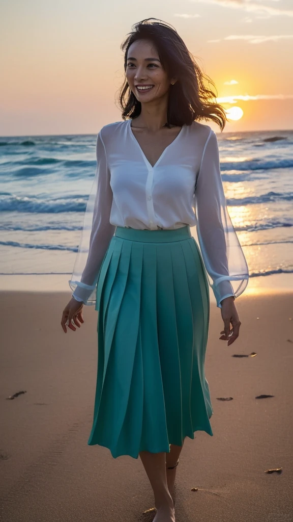 ((Top Quality)), ((8K)), ((Masterpiece: 1.3)), (Perfect Appearance), (Photorealism: 1.6), (Japanese woman walking on the beach with the sunset in the background: 1.4), (sandy beach at sunset), (The sea dyed red by the sunset), (The setting sun is dazzling), (Backlit), japanese woman, (48 years old), ((Standing upright, facing forward, center of screen)), ((Realistic skin texture)), (Fine wrinkles throughout the skin: 1.3), (Dull skin: 1.1), (Skin without moisture: 1.2) , (Wrinkles on the face: 0.9), (Wrinkles on the corners of the eyes: 1.2), Double eyelids, tear bags on the lower eyelids, (Crying moles: 0.9), The eyes are looking here, serious gaze, (Dimples: 1.2), smile with the corners of the mouth raised wide, straight medium length, hair fluttering in the wind, soft fabric blouse, (transparent white blouse: 1.3), (Plump and glamorous body), (wide sleeves), (Cuffs that fit your wrist), (The hem of the blouse is tucked into the skirt: 1.2), (pleated long skirt: 1.2), (Bare feet wet with seawater), (whole body: 1.3),