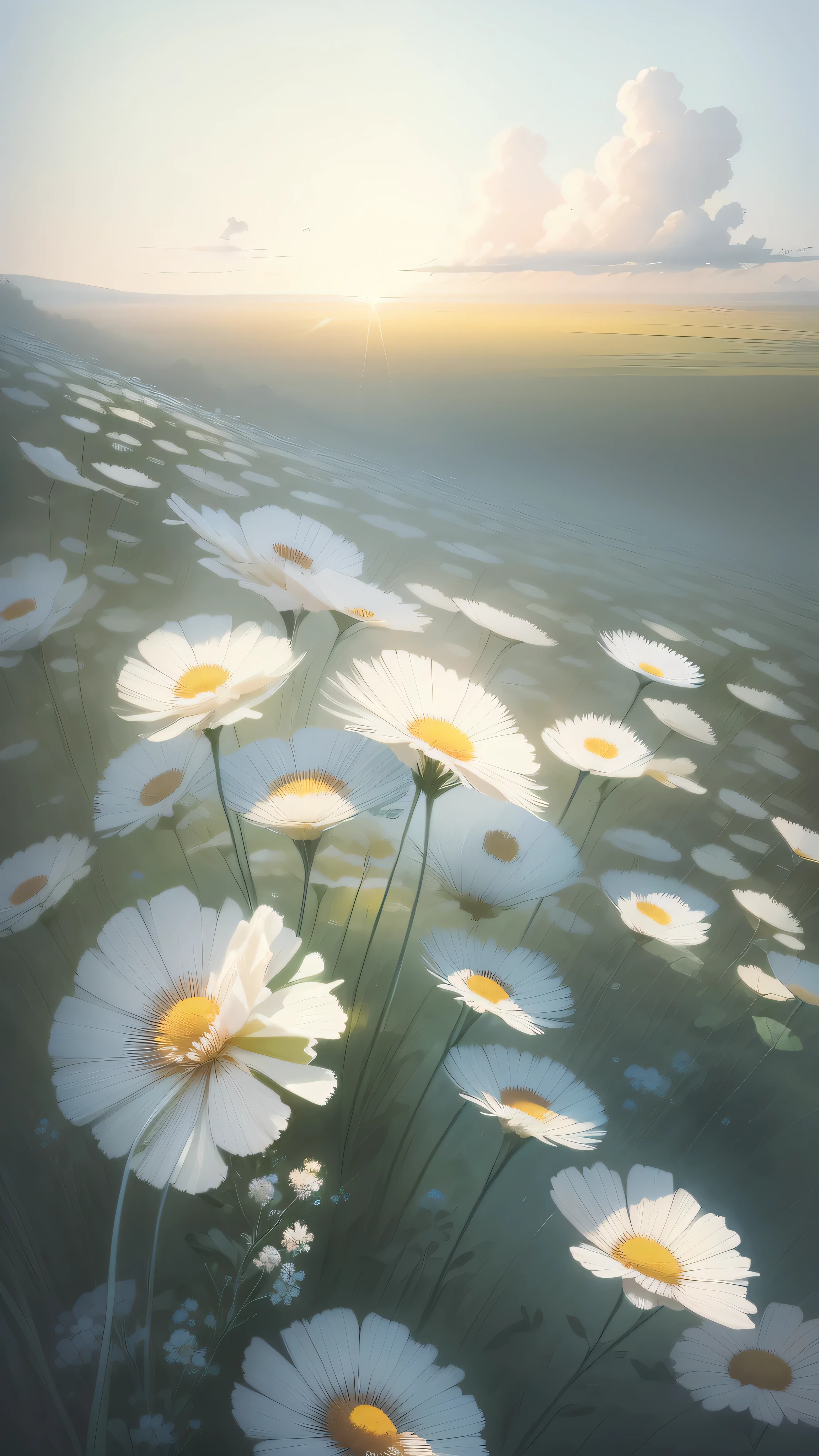 White flower field painting with blue sky as background, beautiful digital painting, soft digital painting, Gorgeous digital painting, Beautiful digital artwork, field of fantasy flowers, A beautiful artwork illustration, high quality digital painting, Very Beautiful Digital Art, beautiful digital art, detailed soft painting, anime landscape wallpapers, Anime Nature, highly detailed digital painting, digital painting highly detailed