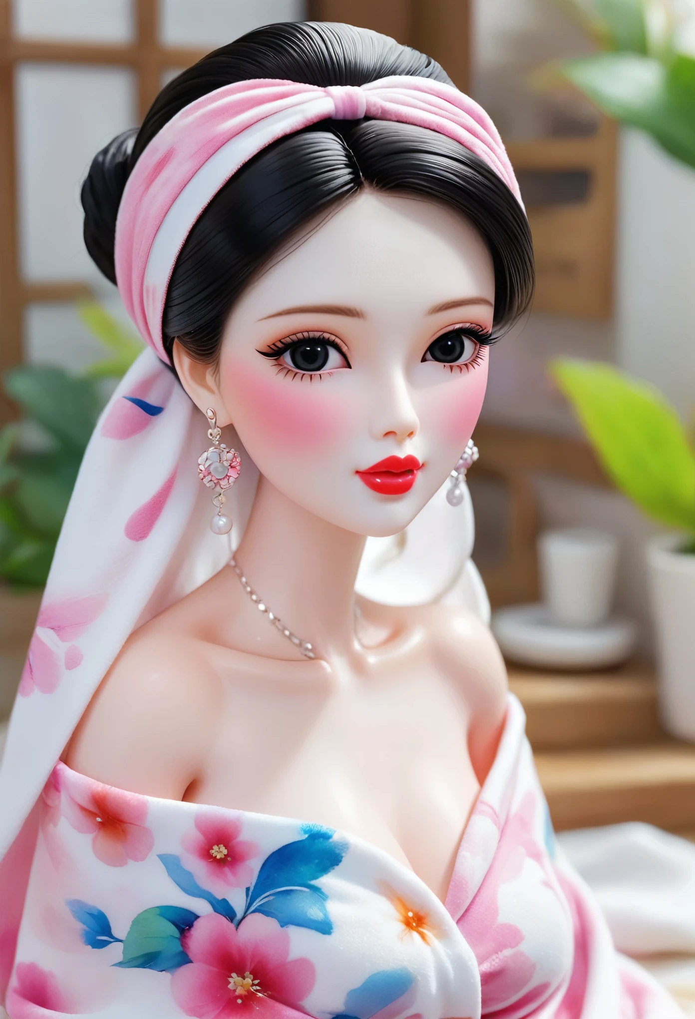 (masterpiece, best quality: 1.2),Barbie doll,，colloid， Sexy eyes，The expression of a kiss，Wet pink and white sexy lips， colloid皮肤，Full figure，earrings（（Watercolor pattern towel）），full-body shot