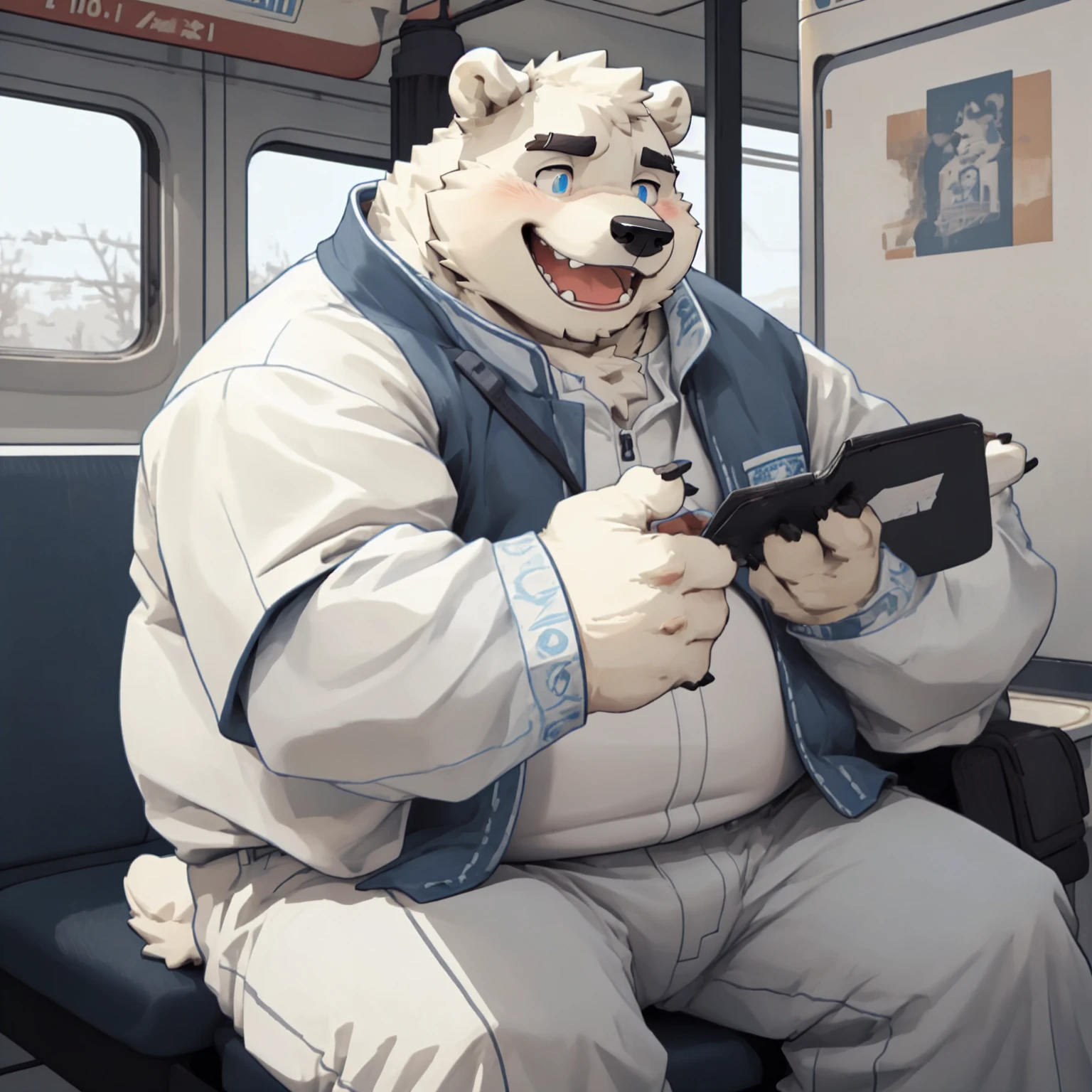 New Jersey 5 Furry,polar bear,portrait,Exquisite, Chubby,Fat,Thick arms,Rugged muscles,White plush fur,Chubby脸,Black eyebrows,Sky blue eyes,Beard,big,On the train,sit down,Blue and white zipper clothes,Pants,Drum,Turn your head sideways,embarrassed laughing,blush
