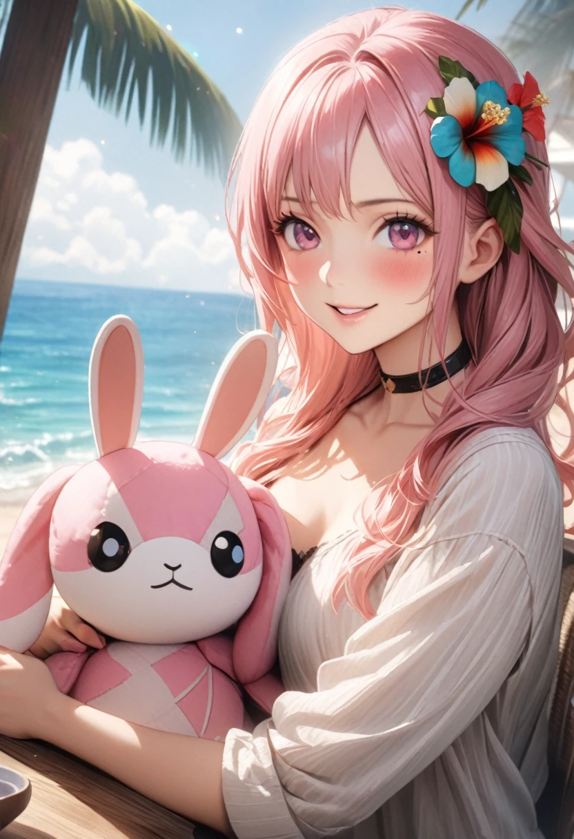 masterpiece, highest quality, Very detailed, High resolution, High resolution, High resolution, 4K, 8k, unity 8k wallpaper, Very detailed CG, masterpiece, Realistic, Beautiful details, depth, Fine texture, highest quality: 1.3, Total concentration, Perfect Skin, boyfriend, Very cute anime, Cute like an idol, 背のexpensiveピンクのセミロングヘア, One Girl, Aloha One Piece, Cute stuffed rabbit, Sea turtle stuffed toy, Palm tree, greeting, Hibiscus hair accessory, smile, morning, morning食, Long pink hair, whole body, Mole under the eye, sight, expensive, blush, Lips parted, His Art, Pink Eyes, choker