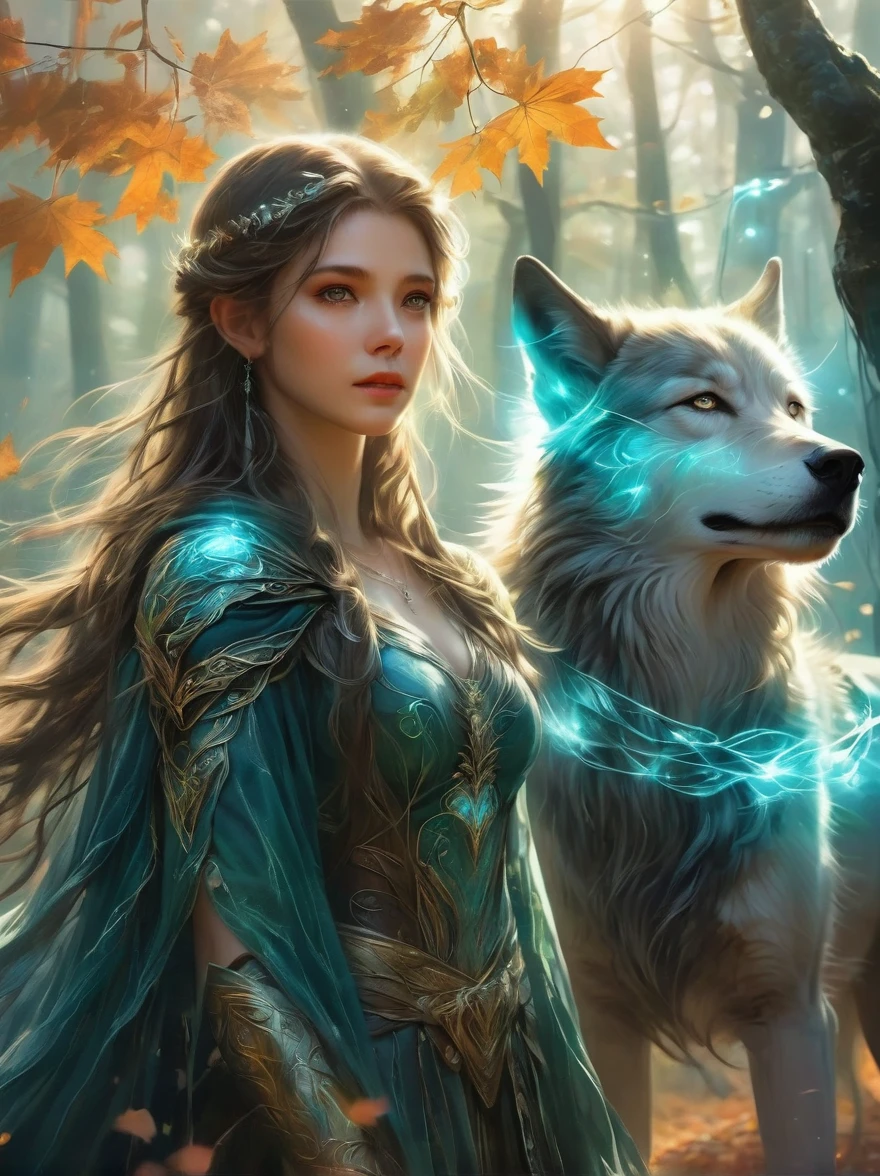 An elven ranger draws a glowing teal bow, braided autumn hair and cloak blowing dramatically. Intricate leaf-shaped armor glints in the mystical forest mist behind her. A wolf stands stalwartly by her side, ready for adventure. Dynamic fantasy landscape, radiant lighting.