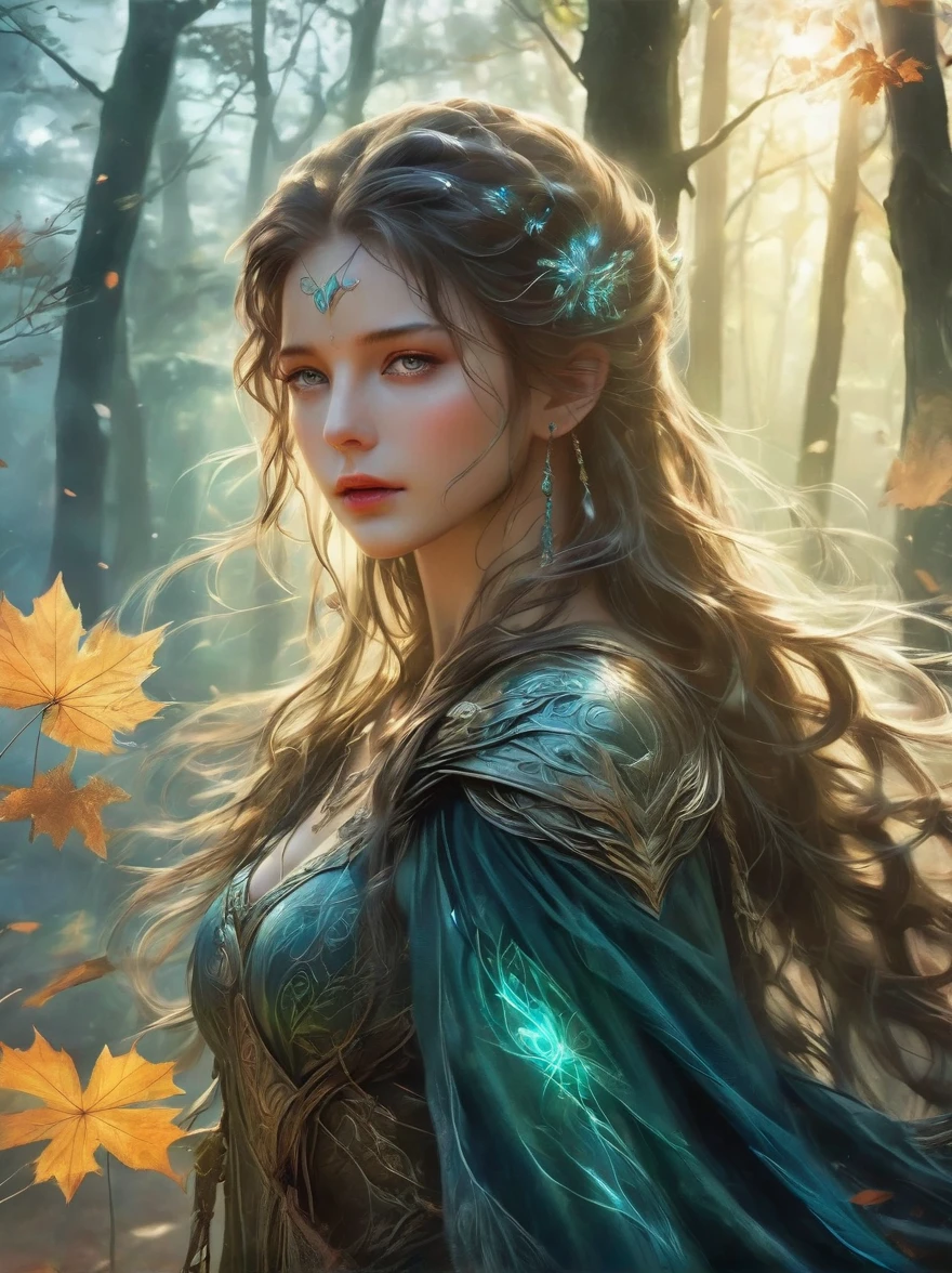 An elven ranger draws a glowing teal bow, braided autumn hair and cloak blowing dramatically. Intricate leaf-shaped armor glints in the mystical forest mist behind her. A wolf stands stalwartly by her side, ready for adventure. Dynamic fantasy landscape, radiant lighting.