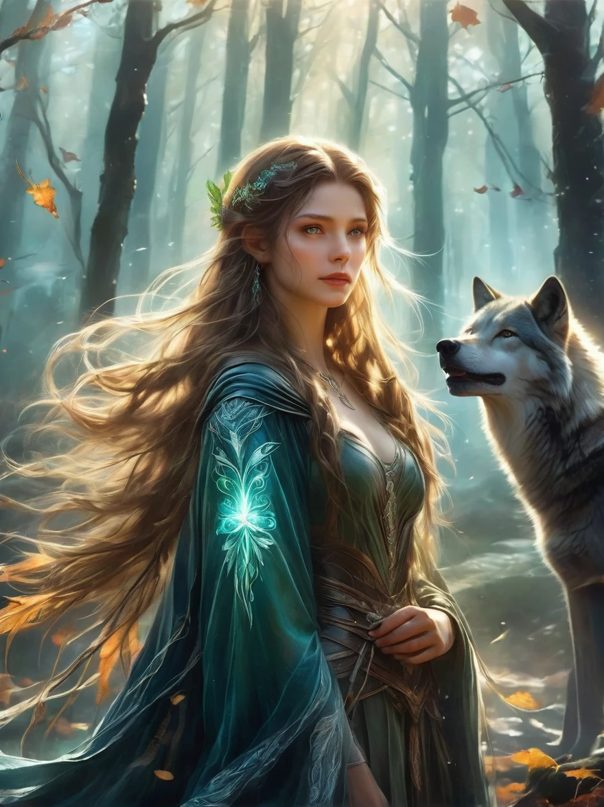 An elven ranger draws a glowing teal bow, braided autumn hair and cloak blowing dramatically. Intricate leaf-shaped armor glints in the mystical forest mist behind her. A wolf stands stalwartly by her side, ready for adventure. Dynamic fantasy landscape, radiant lighting.