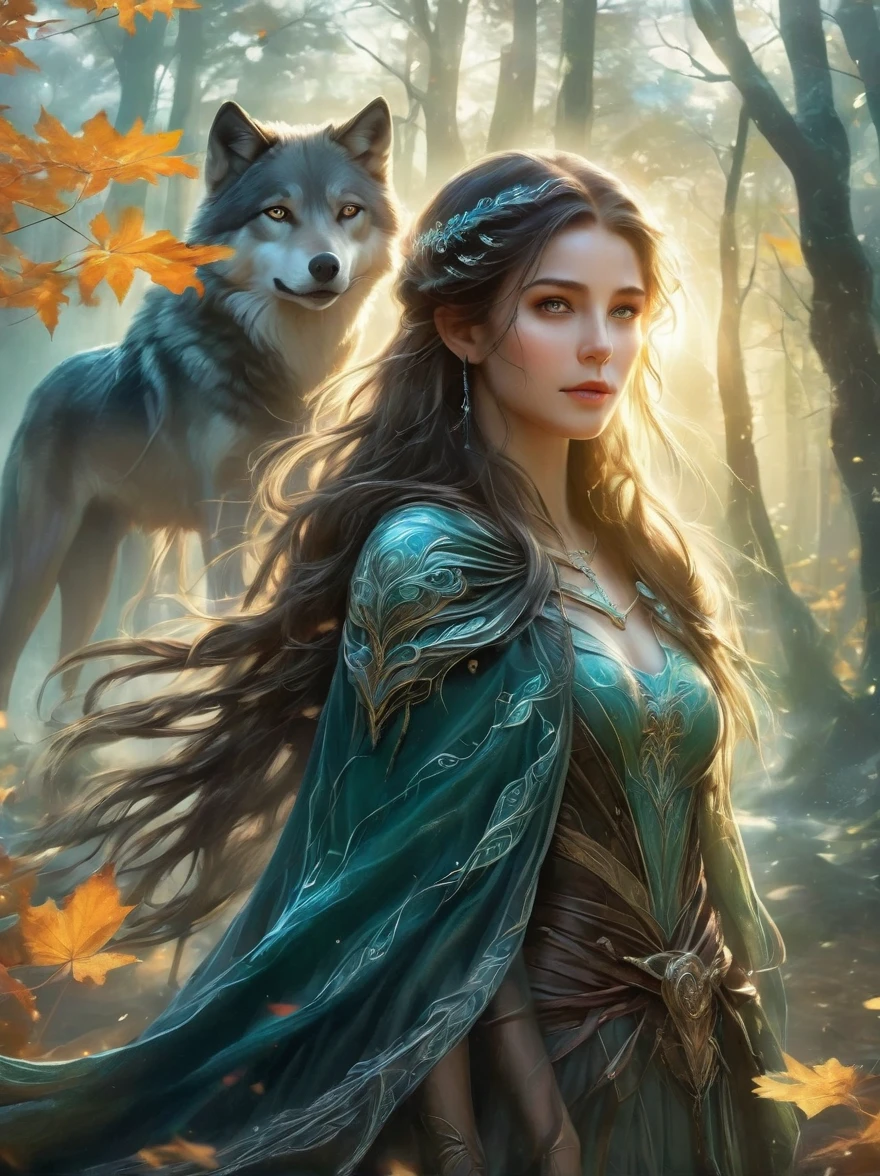 An elven ranger draws a glowing teal bow, braided autumn hair and cloak blowing dramatically. Intricate leaf-shaped armor glints in the mystical forest mist behind her. A wolf stands stalwartly by her side, ready for adventure. Dynamic fantasy landscape, radiant lighting.