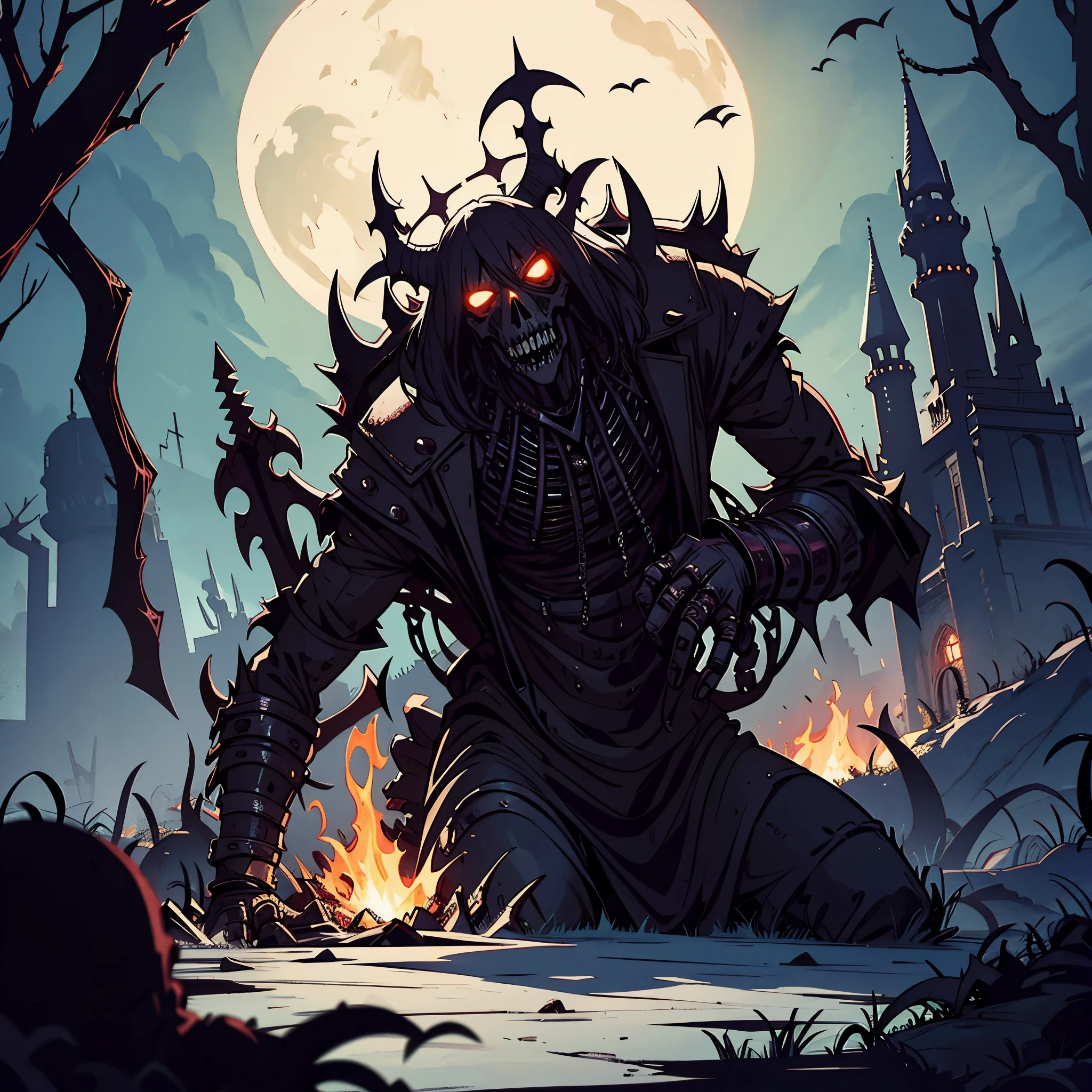 (Night Landscape), Horror, Haunted, Corpses, Skulls Necronomicon, Image Style Painting, Shadows, HD, High Quality, Cinematic , beautiful demon queen, anime