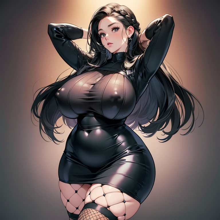 (High resolution)),((Game CG)),(masterpiece),(highest quality), (Very detailed),shape,((Very delicate and beautiful)), , Very embarrassed look,Looking at the audience,(((18-year-old female)),((whole body)),Detailed face and eyes,Jewel-like eyes,(Loosely braided long hair),,,(Super huge breasts,Long and slightly saggy breasts,Very large nipples) Mysterious Background Black hair and black eyes Plump body Rubber suit, mini skirt, fishnet stockings, fishnet chest, very fine fishnet, plump, hands behind head