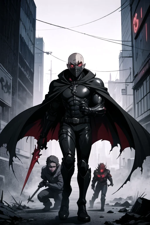 ((best quality)), ((masterpiece)), (detailed), perfect face, male, cyberpunk, cyber, punk, scare face, red eye, villain, black suit with thorns, futuristic armor, long cape, burnt face, weapons, evil man, cyborg, black boots,  Evil mask, red eye, metal mask, horror, creepy, mutant, evil man, cyborg, black boots, half face mask, red eye, half bald,