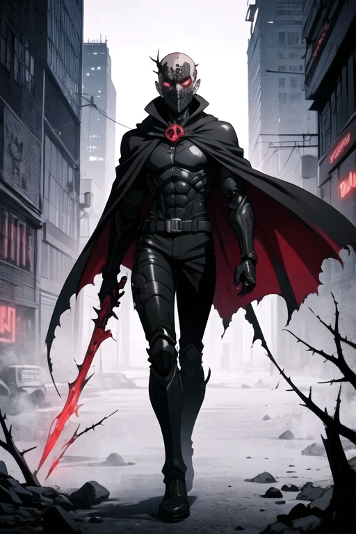 ((best quality)), ((masterpiece)), (detailed), perfect face, male, cyberpunk, cyber, punk, scare face, red eye, villain, black suit with thorns, futuristic armor, long cape, burnt face, weapons, evil man, cyborg, black boots,  Evil mask, red eye, metal mask, horror, creepy, mutant, evil man, cyborg, black boots, half face mask, red eye, half bald,