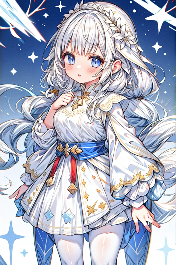 1 girl, flakes, Girl Milk, milk, white colored hair, white clothing, snow white skin, Hair flakes, flakes on the cheeks, flakes on the face, Colorful flakes, flakes on clothes, whitebackground, Milk flows、Standing figure facing the viewer
