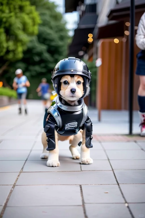 Puppy on a walk, cyber armor,helmet, Bright afternoon,puppy wearing boots,2 puppies,puppy walking on all fours,Cute face