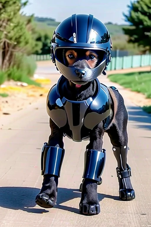 Puppy on a walk, cyber armor,helmet, Bright afternoon,puppy wearing boots,2 puppies,puppy walking on all fours,Cute face