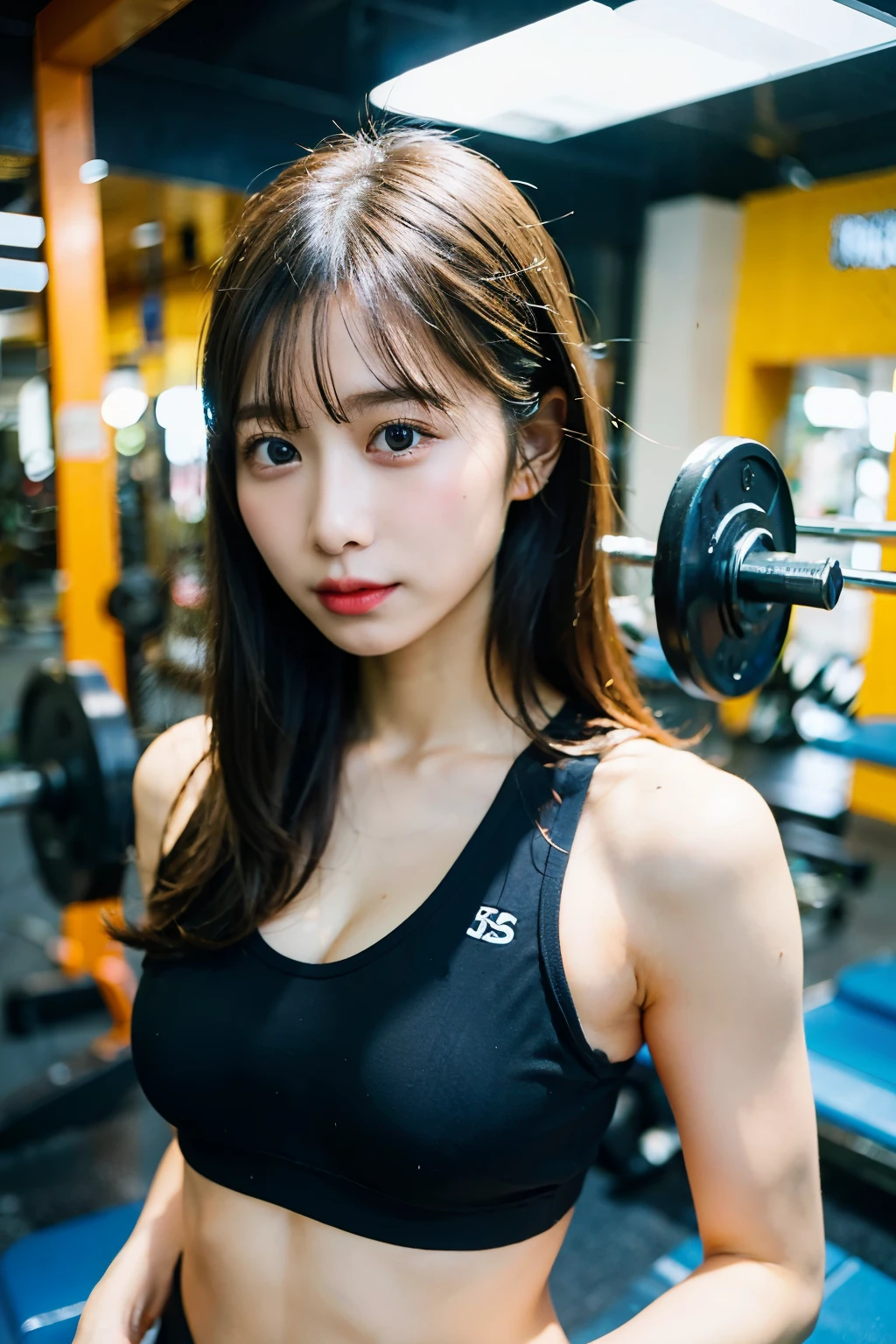 highest quality, Ultra-high resolution, (Realistic: 1.4), 1 girl, (Black Hair: 1), (Small breasts: 1.6), Light blue gym wear, exercise、whole body、Big Breasts