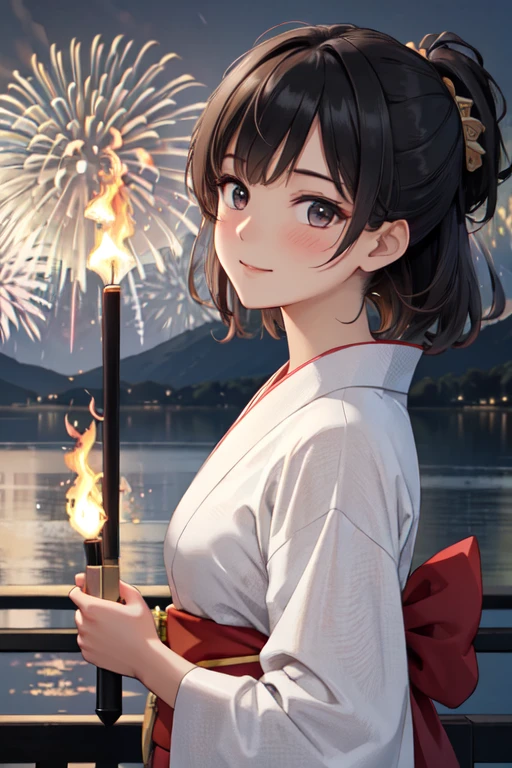 masterpiece, best quality, ultra detailed, highres, extremely detailed CG unity 8k wallpaper, perfect lighting, very detailed background, beautiful and aesthetic,sharp focus, perfect face, dynamic pose, dynamic angle,
1girl, upper body, (portrait:1.1), medium hair, black hair, multicolored yukata, kanzashi, looking at viewer, full-face blush, from side, from below, smile,
night, dark sky, misty lake, mountainous horizon, break,aerial fireworks, (Full of sky fireworks:1.1),
break, (Holding a burning torch:1.2)