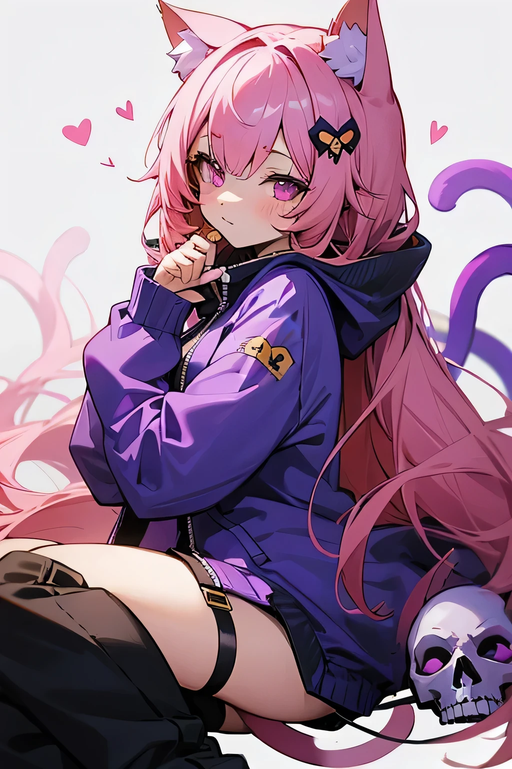 anime girl with long yellow hair and cat ears and cat tail, purple skull hairpin on the right side on the head, cute heart eyes, overfit hooded zip-up, pink eyes