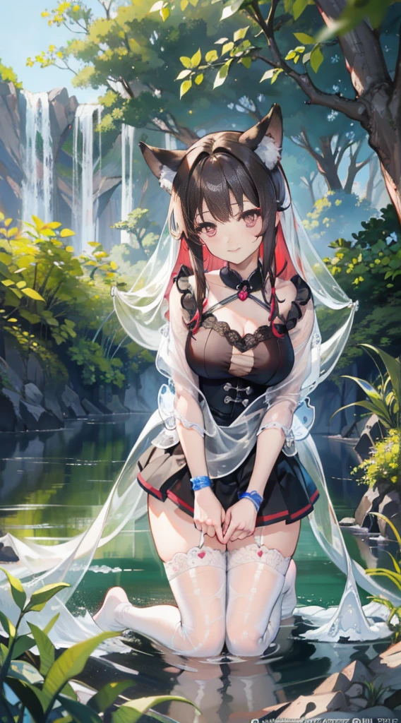 high quality, masterpiece, Super detailed, Bottom View,1 girl, Extremely detailed facial details, Entangled in a net,Kneeling in the water,handcuffs,collar,Calm expression,red lips smile,handcuffs,collar,Black long hair, Attractive pink eyes, Fox ears, Ridiculously big, glowing skin, Smoke willow painting bridge,Wind curtain,Jiangnan Town Outdoor Scenery,landscape painting
