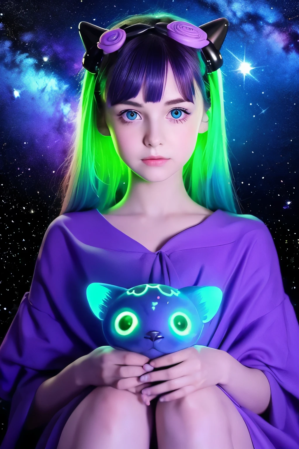 A cute French girl just sitting there、Green Eyes、Purple Hair、Cosmic Creatures, Bioluminescence, Celestial Background, wonder of the night, Inspired by H's surreal work