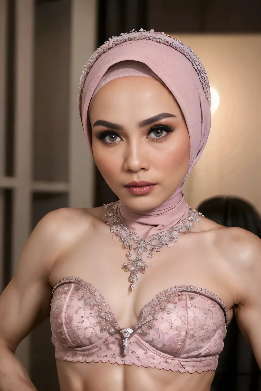 ((SHORT HIJAB)), ((Flat chest:1.8)), (dynamic photograph of a 58 year old Indonesian woman), (slim top, cotton panties), (straight non curly hair), (highly detailed face:1.4), (vascular muscles and abs:1.3), (background inside light, bright, private gym:1.1), (8k, uhd, dslr, high quality, cinematic lighting, bokeh), (dramatic, award winning photography, incredible masterpiece:1.3), (((sexy sultry stare at camera:0.8))), close up, ((she is ready to dominate you:0.5)), ((beautiful feminine face)) (she is a champion MMA fighter), add_detail:1, ((Wearing strapless pastel)) lace yellow grey & red