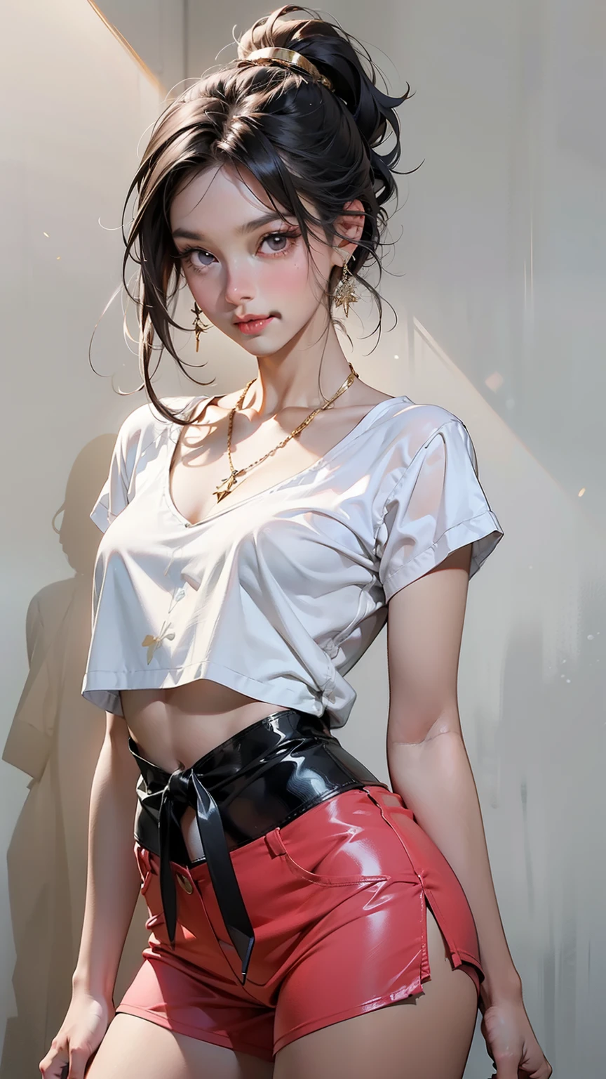 Flat core, compensate, mascara, soft lips, Sexy smile, rich and colorful, Minimalism, monotonous, simple, Clean, Sharp project, Fluid contour, Pink top, shorts, Hawaiian sarong, Asymmetry, Geometric, Elegant and luxurious materials and design, Minimal accessories, Silver or gold necklaces and thin rings, Differentiated design, contour, Fresh urban print, High-end fashion, Tanned skin, black eyes, Black long ponytail, Hair between the eyes, Designed by smeglejj