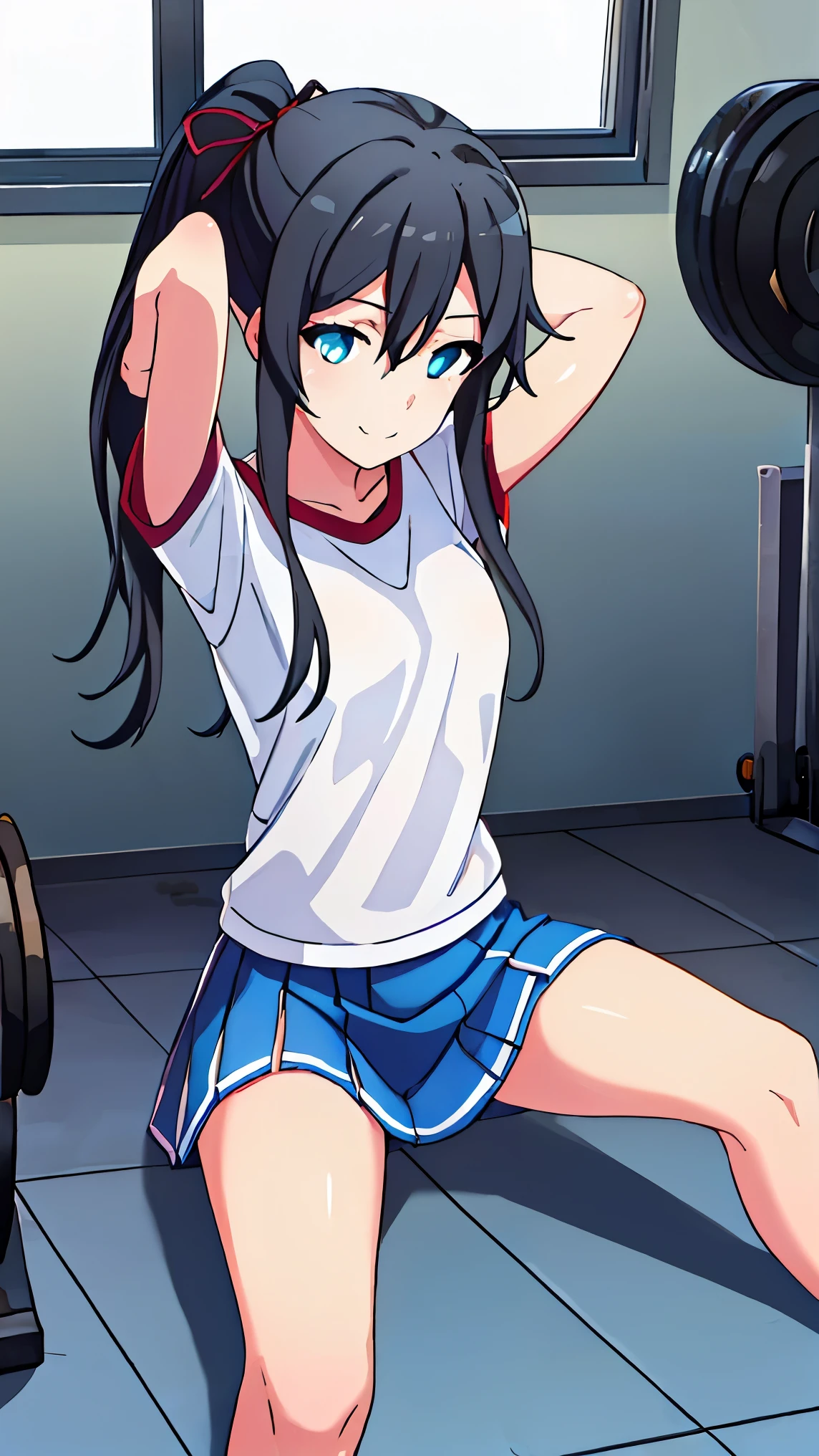 hair_ponytail ribbon,Black hair, eyes blue, long hair, smile , Yukinoshita Yukino,
BREAK (white shirt and blue skirt and a polka dot:1.2)
BREAK spread legs, ((from below)), arms behind head, BREAK background will depict a Fitness training room
BREAK (masterpiece:1.2), best quality, high resolution, unity 8k wallpaper, (illustration:0.8), (beautiful detailed eyes:1.6), extremely detailed face, perfect lighting, extremely detailed CG, (perfect hands, perfect anatomy),
 