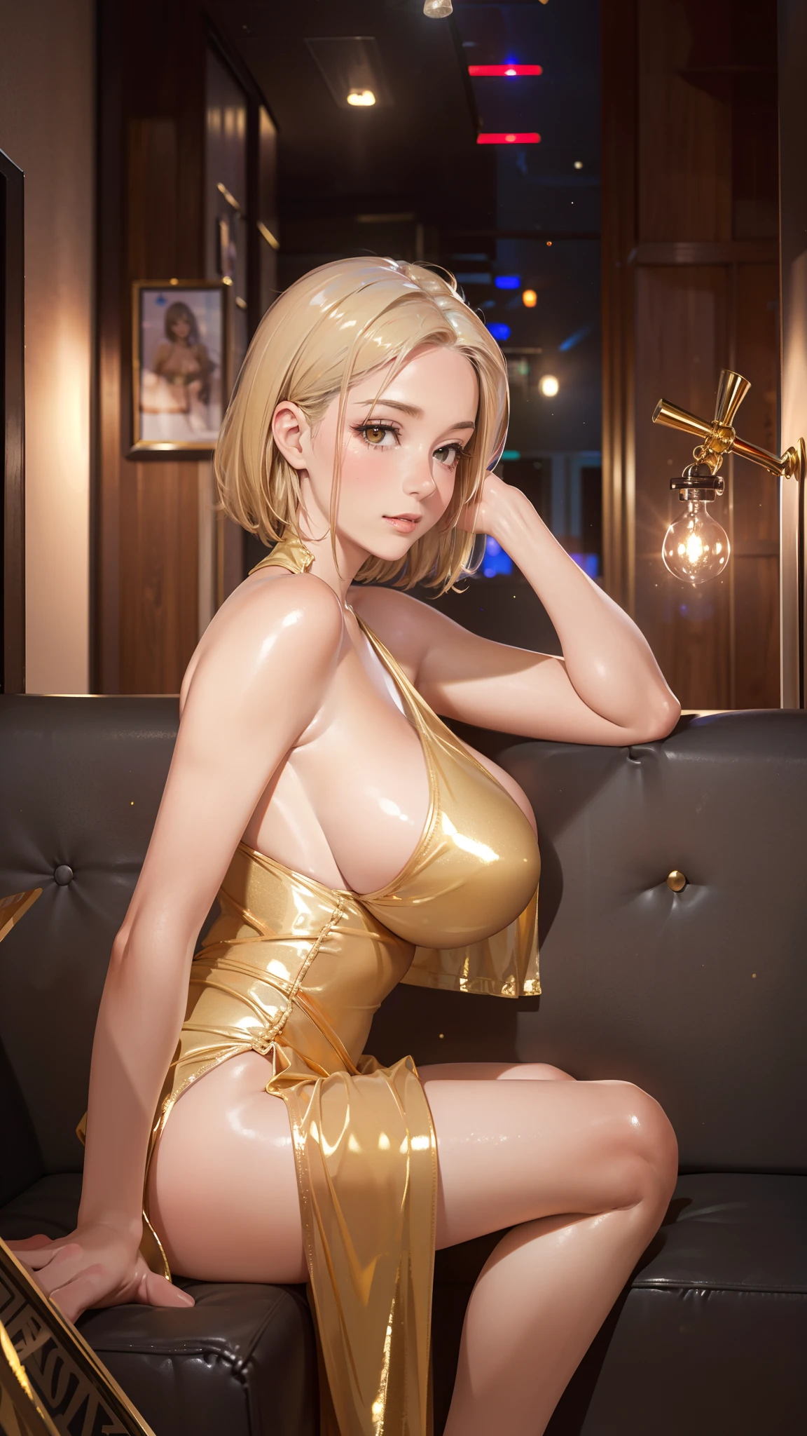 sc1, couch, scenery, table, indoors, night sky, low_light, depth of field, from from side, sitting,, ultra detailed, masterpiece, best quality, aesthetic, detailed,, solo,
1girl, (hostess:1.5, Shiny split dress)
(((Golden lighting、Big Breasts))), (A seductive woman who seduces with her sweet face and pose:1.2)