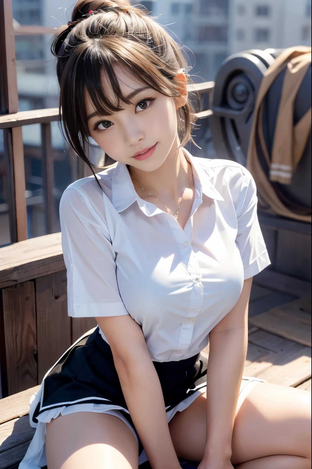 ultra highres,(reality: 1.4),highest quality, masterpiece, high detail, 16K quality, beautiful, 1 beautiful girl,japanese,super beautiful face,baby face,japanese idol face,cute face,super detailed face,detailed hand,beautiful skin,oily skin,big eyes,profeccional lighting,short hair,black hair,brown beautiful eyes, sitting whith knee up,big smile,spread legs,white panty,show off panty,(skirt lift),big breasts,white shirt,open button,(checked skirt),black high socks,she is looking at the camera,Skyscraper rooftop,blue sky, nsfw,from below,