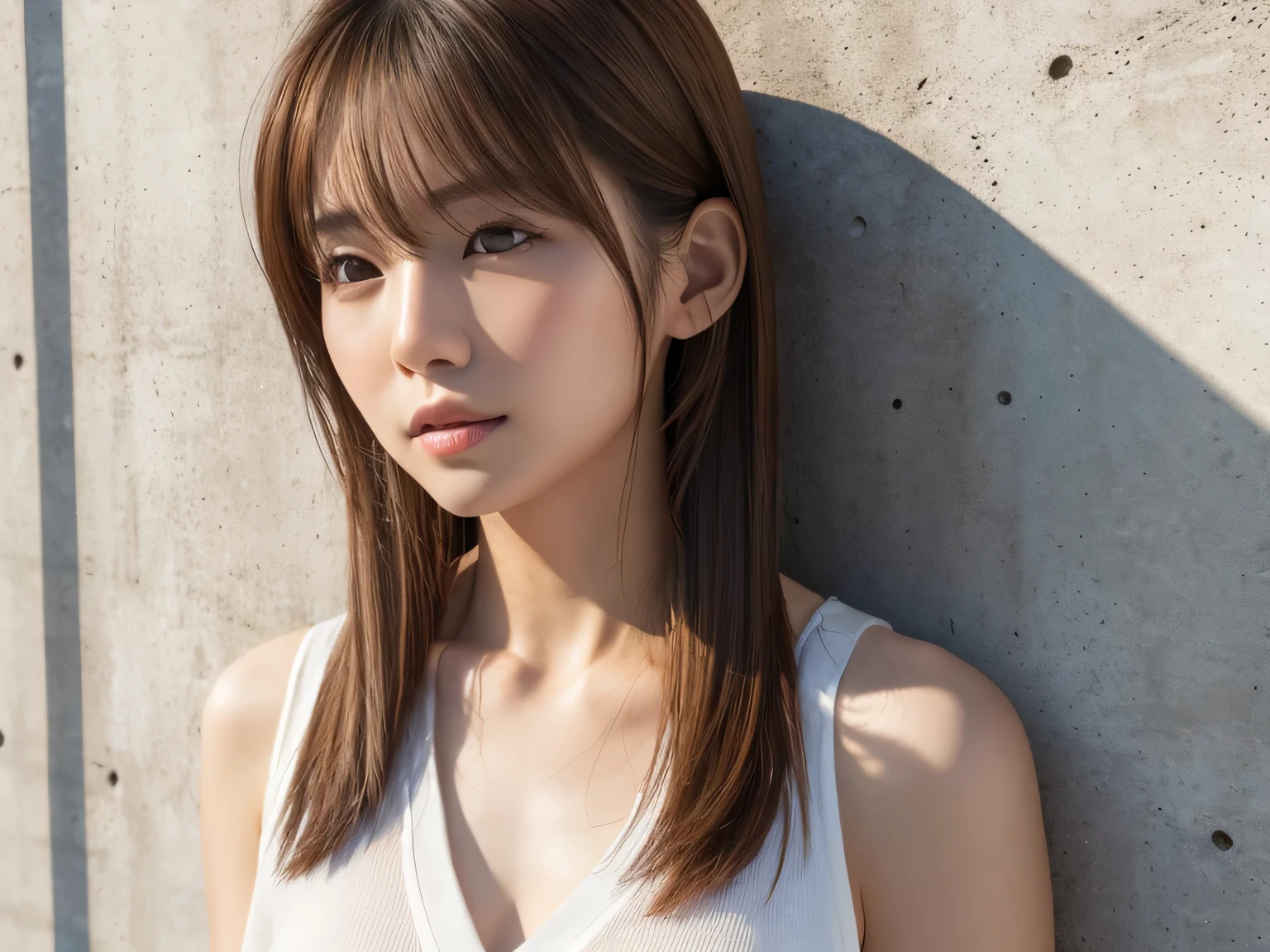 White shirt,Concrete wall with plain background,Light Brown Hair,Realistic skin texture,Slightly rough skin,Cute face,Japanese woman in her 20s,Medium hair over the shoulders ,Realistic skin texture,Chest-length straight hair
