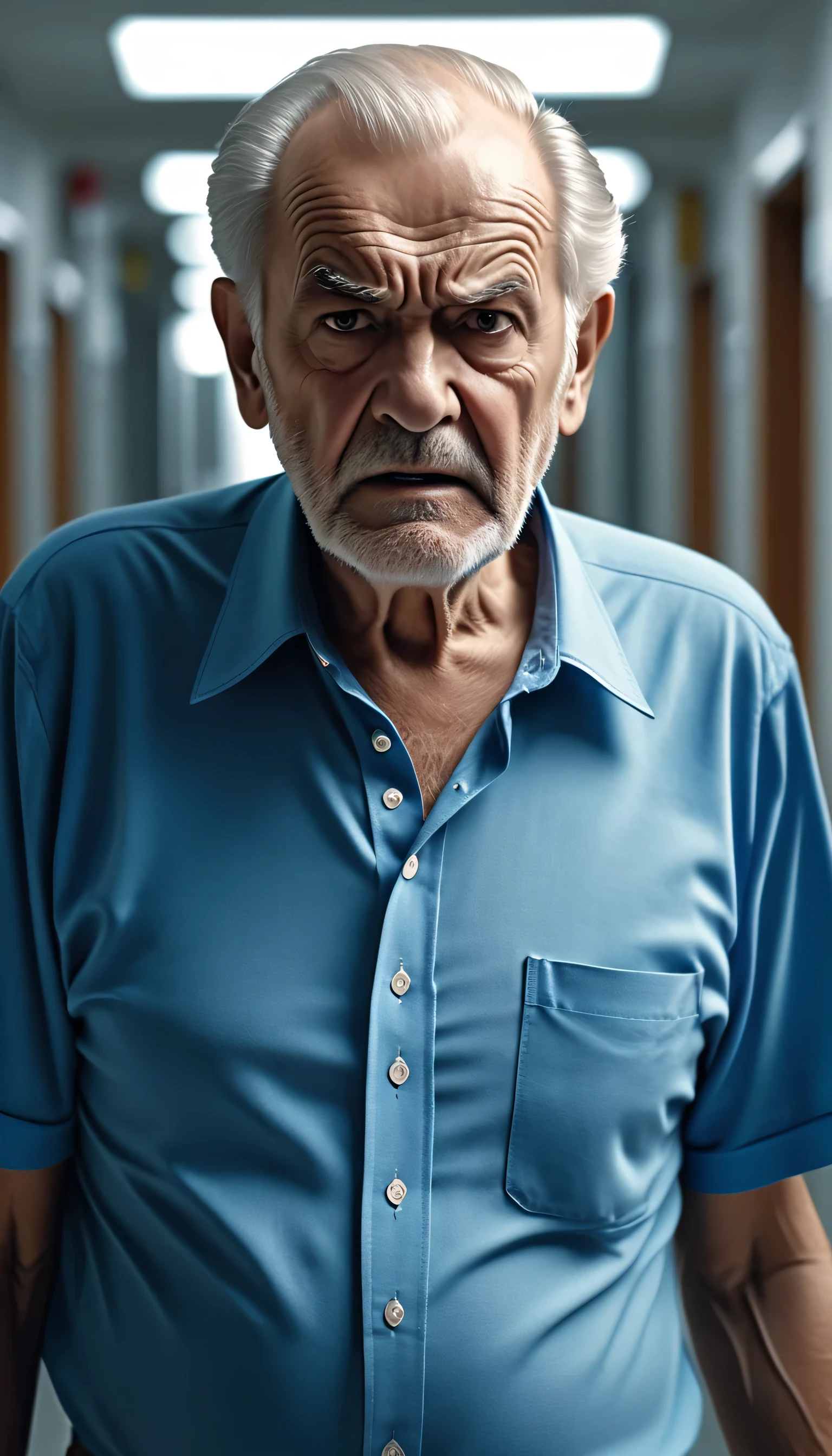 Top Quality, Masterpiece, portrait close up shot of old man with normal pant and blue shirt  in hospital corridor angry expressions(Photorealistic Photos:1.3), (High Detail Skin:1.2), 8K UHD, DSLR, High Quality, High Definition, 4K, 8K, (Real: 1.3)