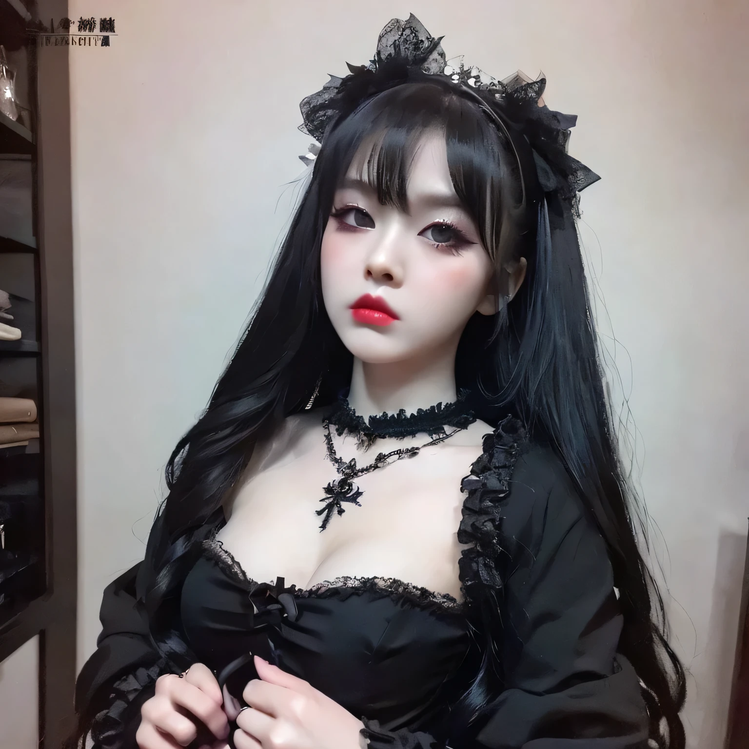 pretty doll-like ghastly gothic beauty girl, xiaohongshu post, tradgoth black hair, all black outfit, gothic ta style, blank look, pouty lips, gothic makeup