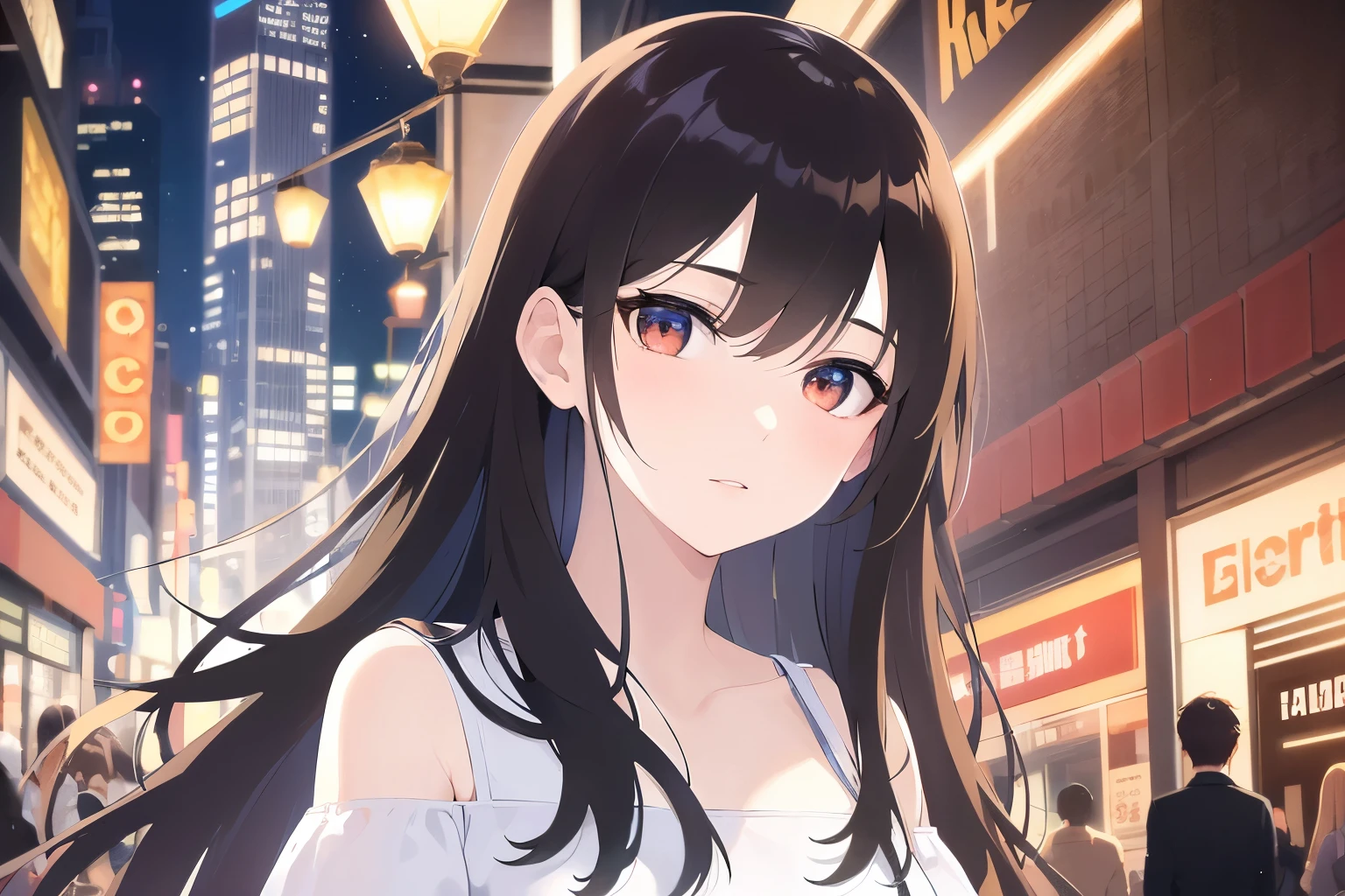 Upper Body, Realistic, real person, (pale skin: 1.2), RAW photo, photorealistic, portrait photography, shiny skin, shiny hair、(A 25-year-old woman with medium-length hair and bangs) and (wavy hair) and (brown hair) and (orange eyes) and (closed eyes) ,White off-shoulder blouse、sleepy, The background is a shopping street at night、Alone、Are standing