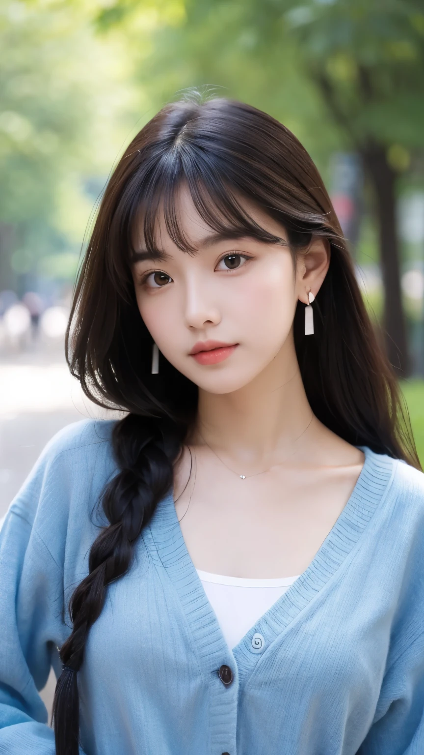 ((best quality)), ((masterpiece)), (detailed), perfect face, ((Best quality, 8k, Masterpiece: 1.3)), Highly detailed face and skin texture, Detailed eyes, Double eyelid, black hair, bangs, side braid, hair behind ear, very long hair, jewelry, earrings, wearing a cardigan, denim pants, good figure, standing alone in the park, Sharp focus A beautiful woman with perfect body