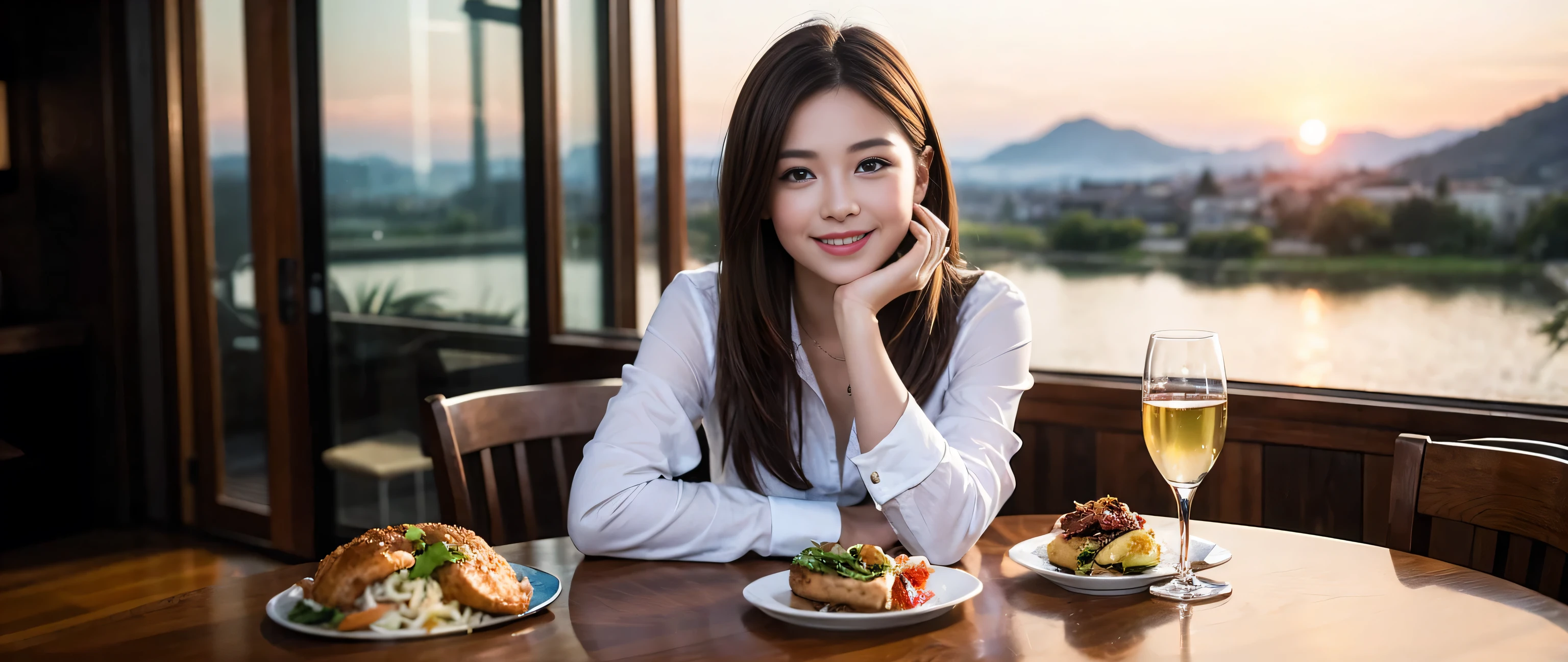 ((highest quality、8k、masterpiece:1.3))、Beautiful woman perfect body:1.4、2 women、Slim body、((Bob Hale、Straight hair:1.2))、 Ultra-high resolution, Bright image、2. The beauty of wine, Beautiful Face, blue eyes, Beautiful Eyes, The light shines on your face, Blushing your nose, short hair,Amazing view of the sunset sky and clouds、Amazing mountain views、A bright smile、A lovely woman with a smile、Bright Face、Fox face、Lady、Champagne、Wine bottle、wine glass、red wine 、Appetizers、Italian food、Two beauties、Brown Hair、Shortcuts、Long sleeve shirt、Winter Fashion、dress、Wine bottle、sparkling wine、Pretty Woman 1, (Slim face), (Brown Hair), (Shortcuts), cheeks turn a little red, (36 years old), 39 years old, Attractive beauty、restaurant, Nova Frog Style, actress, model, Upper Body, White wine, slim, wine glass, A wine glass placed in the middle, smile, (smile: 1.15), Beautiful Eyes, Strong light and shadow,Moist Body:1.5、Delicate eyes、Brown Hair、The hair is very shiny、