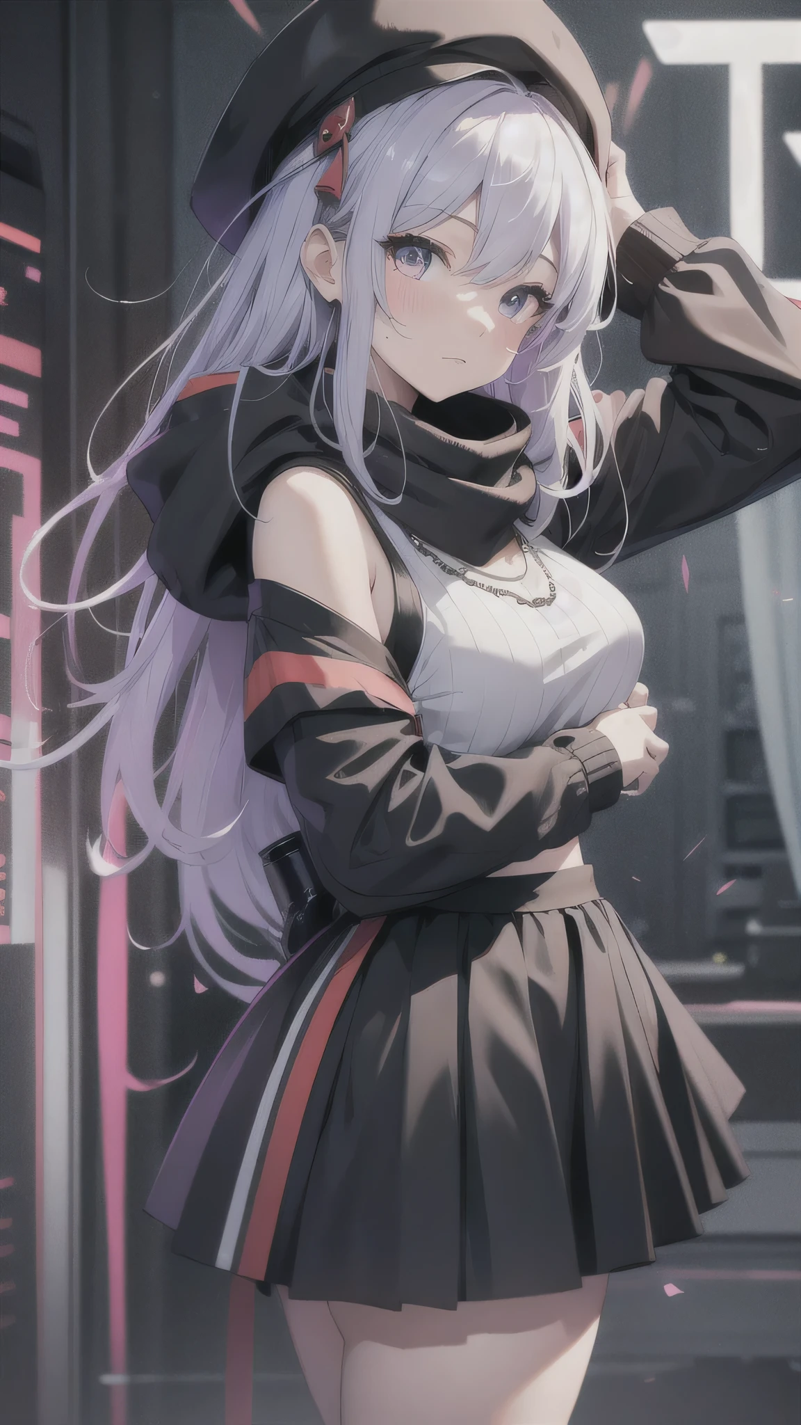 最high quality、Best image quality、masterpiece、girl((18-year-old、 By becoming、Best Bust、Medium Bust,Wide open breast tea、Red glowing eyes,Silver Hair、Disheveled Hair、Long Hair、thin,The highest valley、Open chest、Luminous Wristbands、hat、hair ornaments、luminous necklace、Black sleeveless hoodie(1:2)、Blue short skirt、Disheveled clothing、Show the whole body,Low - Angle、Hacker-like、sweating、lure、Black cute mask、Leaning against a wall、Black scarf、Have a smartphone、)),high quality、Beautiful art、background((Black Room、Black Wall、Black furniture、Big black TV、Black PC))、Flight、Flying debris、Written boundary depth、movie、Visual Arts、Perfect art、8K,Genuine,