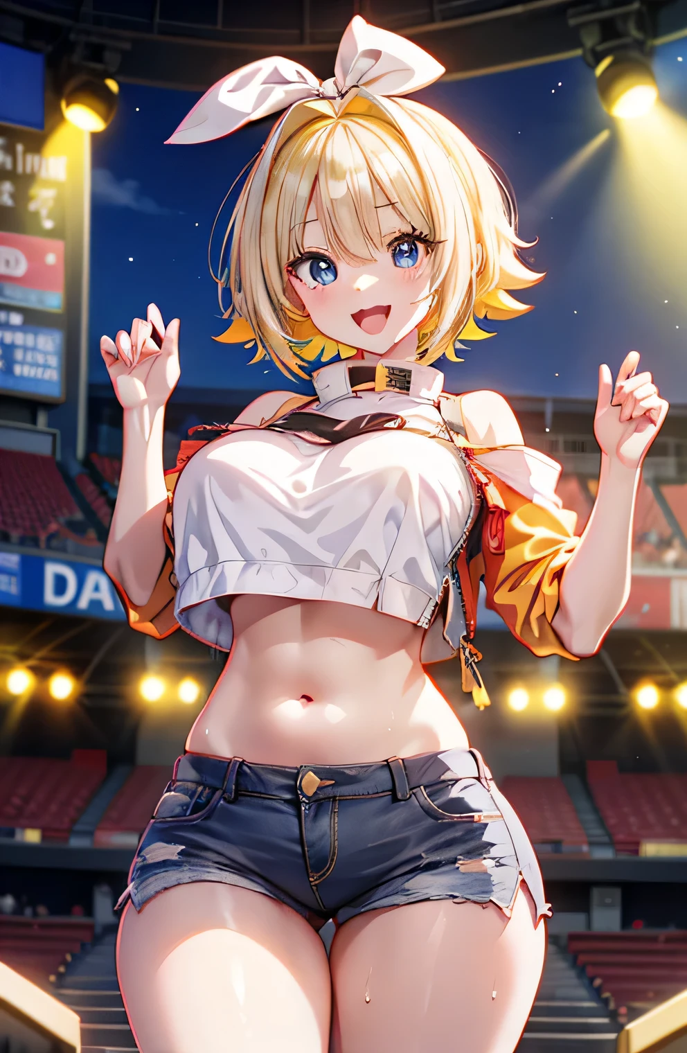 Anime illustration、highest quality、Idol、Kagamine Rin、Sing and dance、Island Breeze、Night Show、hot pants、Illuminated by spotlights、Perfect proportions、Live music on the stadium stage、overwhelmingly big breasts、Beautiful, shining eyes、Cowboy Shot、smile、Excessive sweating、Noise Reduction