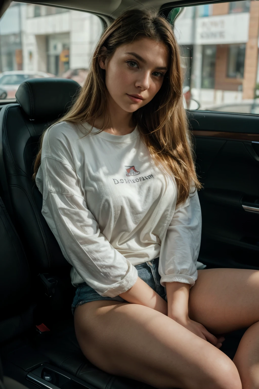 (best quality,highres,masterpiece:1.2),ultra-detailed,(realistic:1.37) Emily, a 20-year-old girl with blonde hair and green eyes, is sitting in the backseat of a car. She is wearing full clothes. The scene is captured in (photography) style, with (vivid colors) and (sharp focus) to highlight the details. The lighting in the car creates a warm and cozy atmosphere.