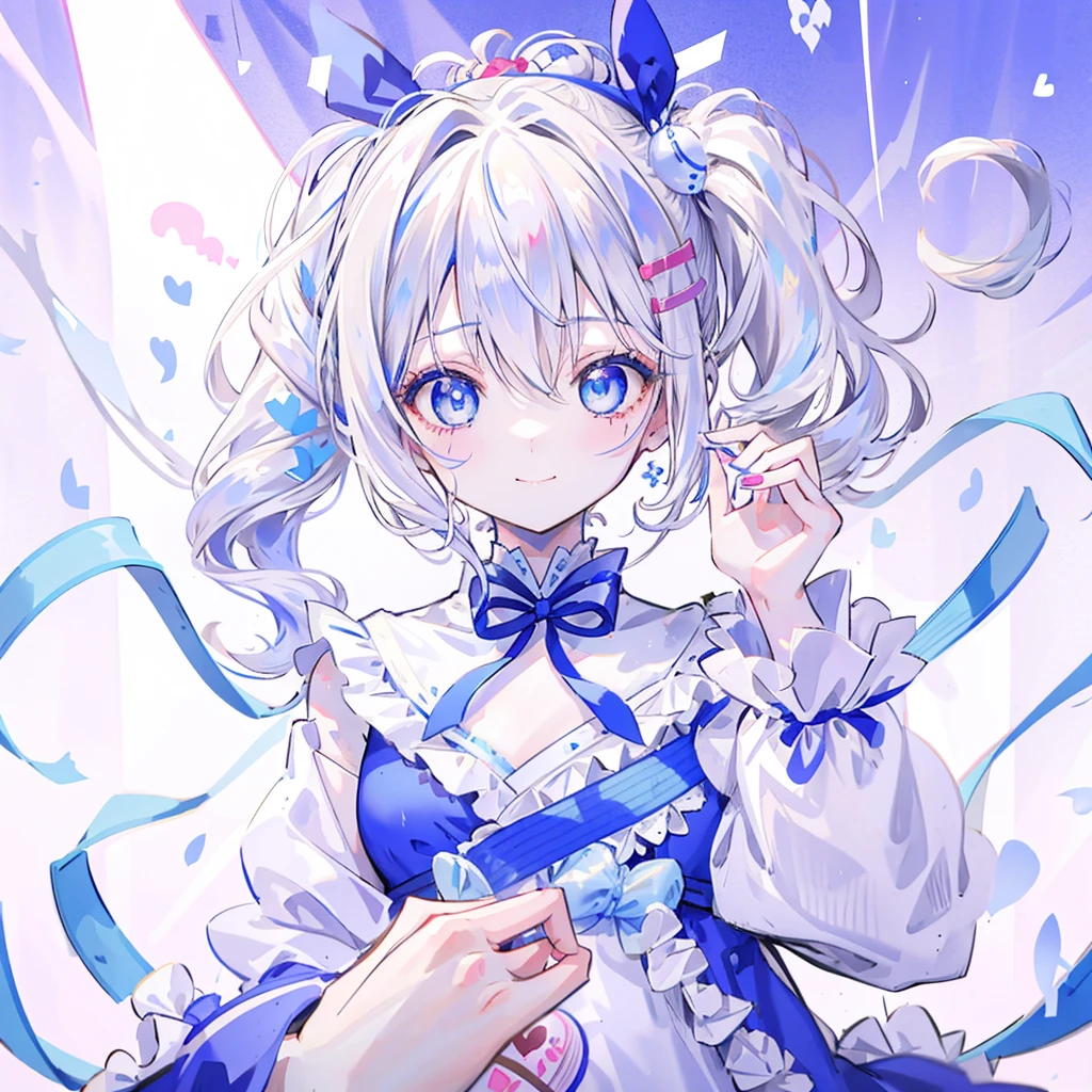 girl、((pale blonde hair))、(((Side ponytail tied around the temporal lobe:1.2)))、((The end of the ponytail is fluffy))、((BREAK))、((blue eyes:1.2))、(beautiful eyes)、((big blue ribbon in hair knot:1.35))、(Voluminous long-sleeved dress with lace)、(A shy yet triumphant look)、((BREAK))、(((Valentine)))、(holding a wrapped chocolate in his hand)、chocolate present、((BREAK))、((Heart line pattern background:1.2))、close up of face、smile