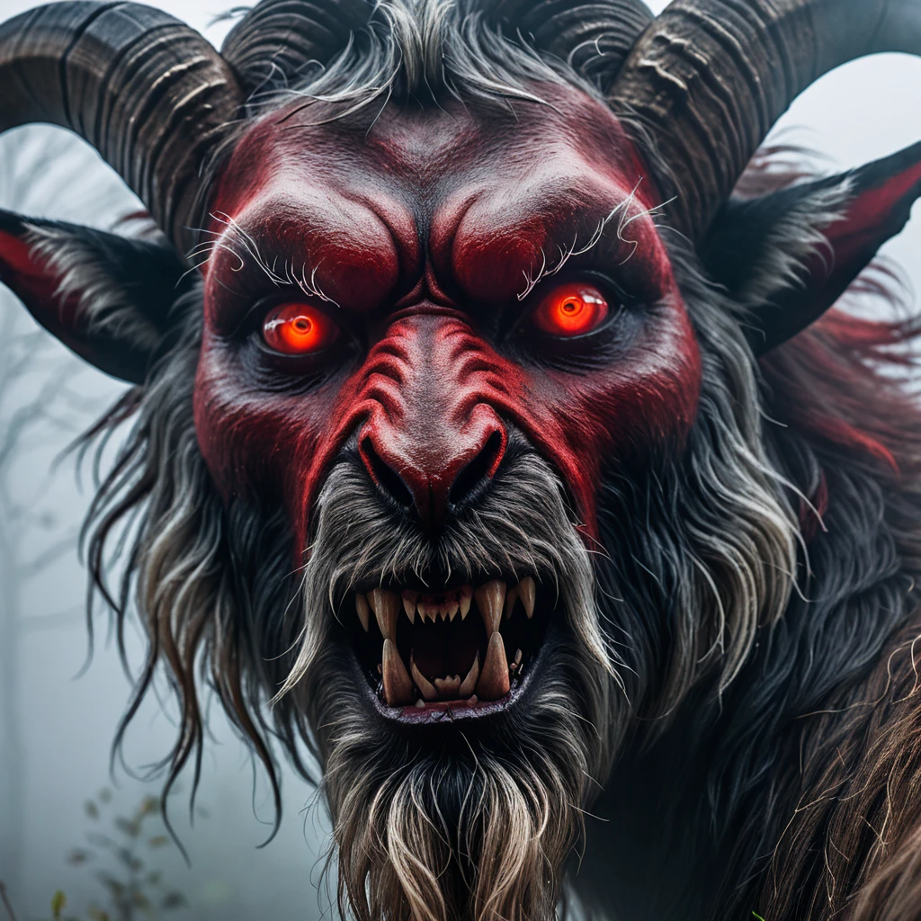 Focus on a close-up of the Goatman's face in the mist, emphasizing his eerie and frightening features. His eyes are glowing red, his face is a mix of human and goat with sharp teeth and large horns, and his expression is menacing, aiming to instill fear.