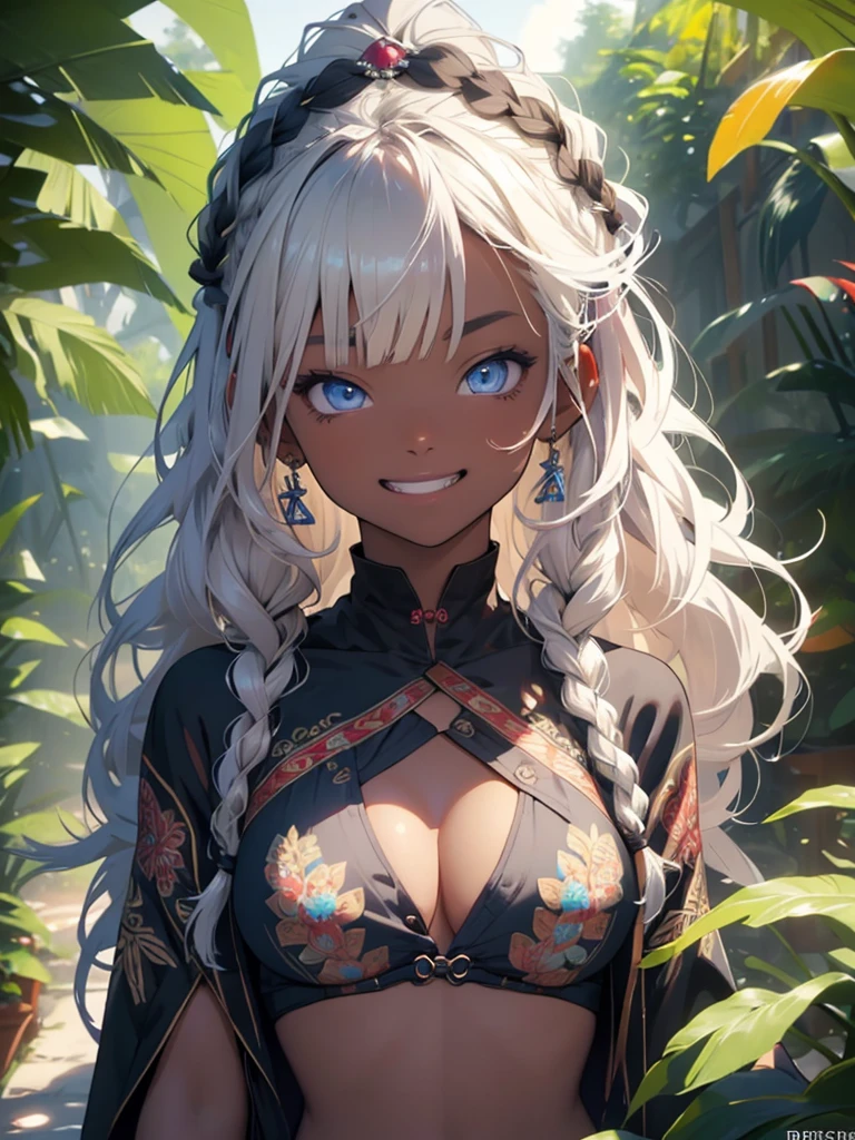(best quarity,ultra detailed,ultra-high-resolution, absolutely resolution,8k, masterpiece), 20 years old,very-cute-and-beautiful-anime-girl,(grin:1.3),highly-detailed-face-and-eyes,(full-body:1.2),BREAK,(dark_skin:1.3),(tribal_tatoo:1.2),(big-breast:1.5),(grossly-ethnic-hair-Accessories:1.5),(wavy hairs),(messy hair),(asymmetry bangs),(long twin braids,tight braids,long braid,braided hair),(multicolored hair),(blue eyes:1.3),hair-accessories, soft-lighting,(intricate patterned robes, hair beads,beige crop top),deep-jungle,toropical flowers,