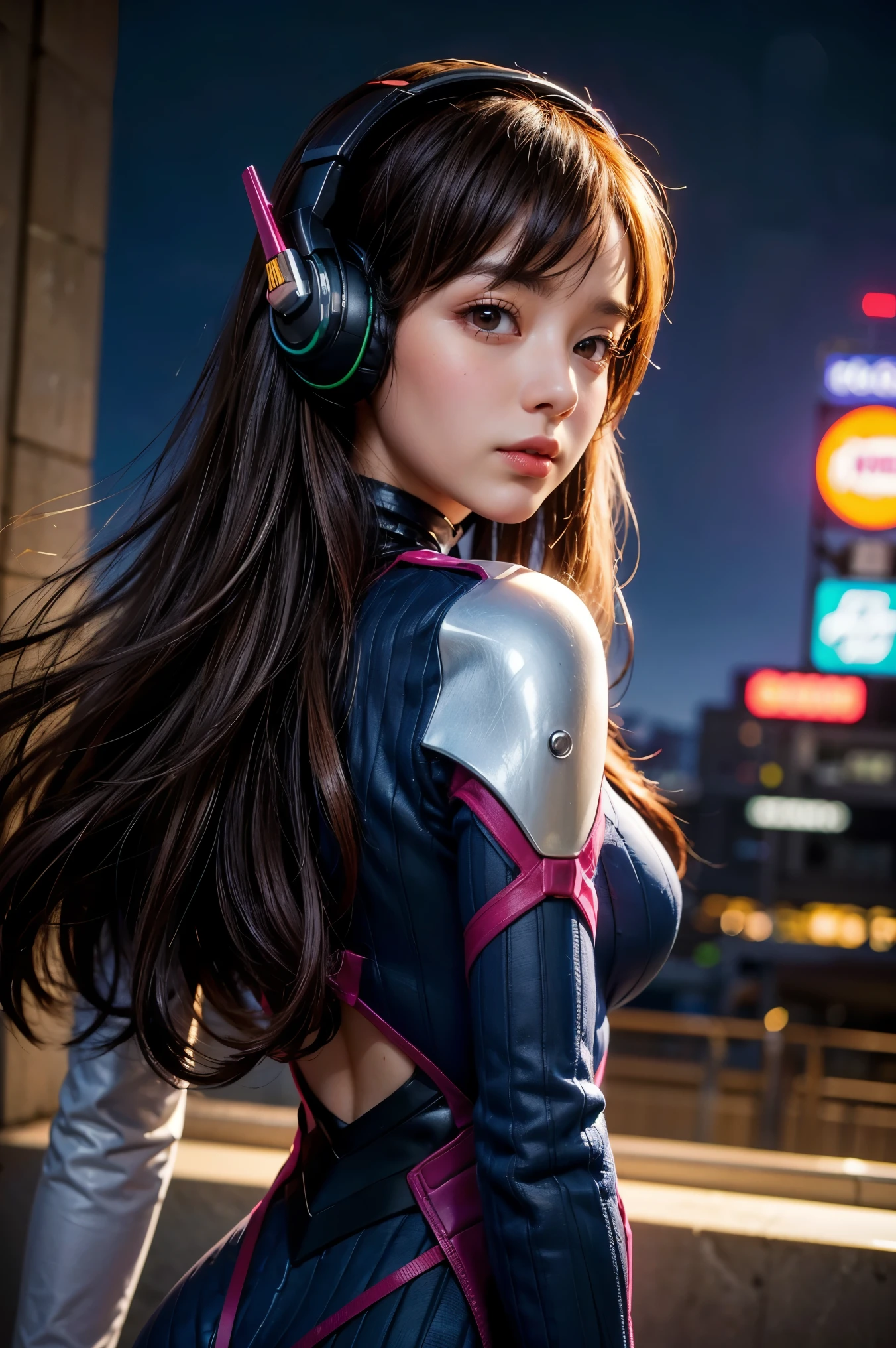 (masterpiece), (best quality), (ultra detailed),(illustration), (1girl), standing,looking at viewer, (interview),beautiful detailed eyes, delicate beautiful face, Floating,(high saturation),(shining), small breast, cowboy shot, aahana, long hair, brown hair, headphones, whisker markings, shoulder pads, blue bodysuit, ribbed bodysuit, animal print, clothes writing, long sleeves, white gloves, cyperpunk, cityscape, (night theme), (from below:1.3), detailed breast, (close-up shot:1.4), (upper_body), portrait