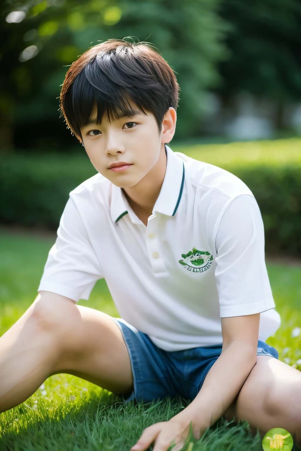 Asian boy sitting on grass in white shirt, micro thong, thin young male,, mid shot portrait, high quality portrait, Attractive pose, yanjun cheng, Inspired by Bian Shoumin, gorgeous young model, Casual pose, portrait a 1 5 -  - old , casual photography, Realistic. Cheng Yi, cute young man