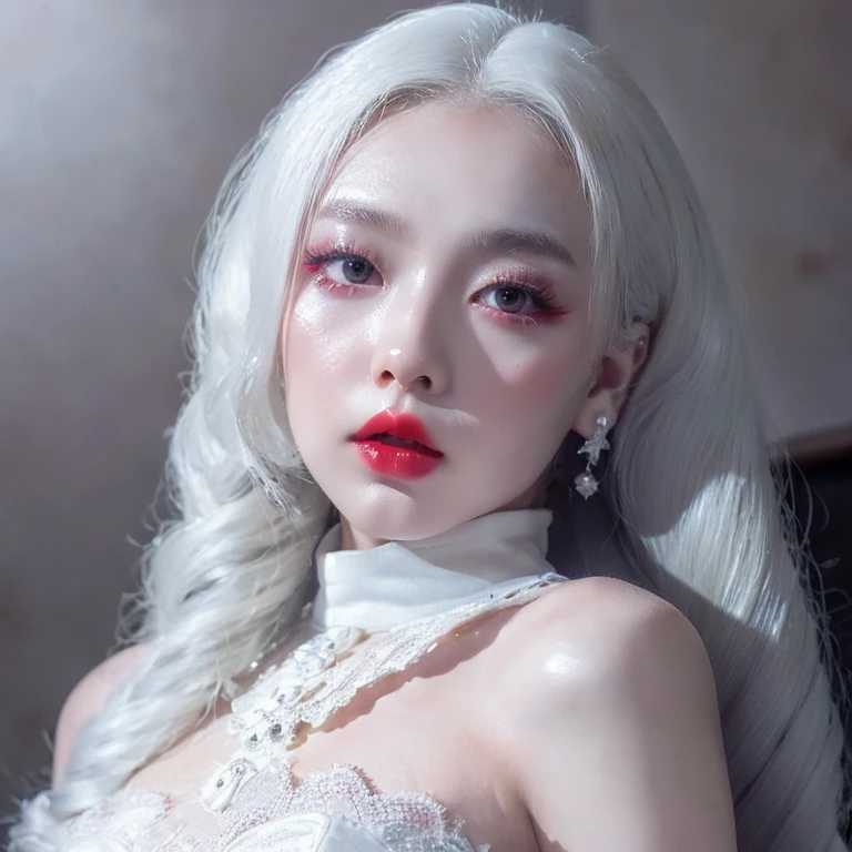 doll-like ghostly beauty girl, xiaohongshu post, long white hair, white eyes, white eyelashes, elegant white outfit, very pale white skin, dark glossy blood red lips
