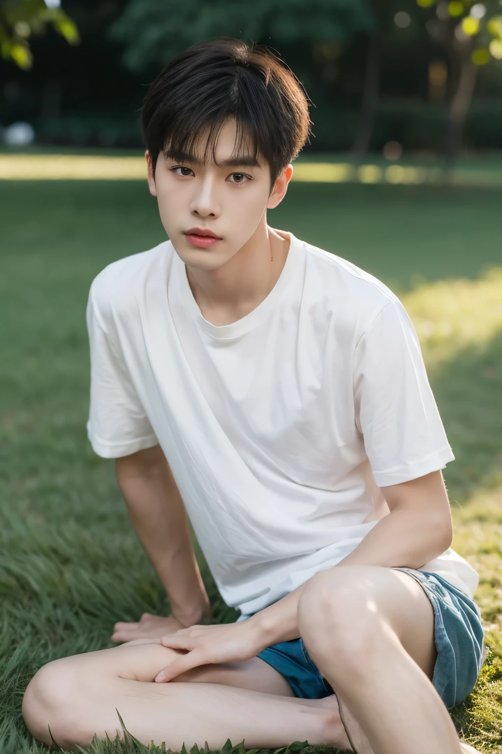 Asian boy sitting on grass in white shirt, micro thong, thin young male,, mid shot portrait, high quality portrait, Attractive pose, yanjun cheng, Inspired by Bian Shoumin, gorgeous young model, Casual pose, portrait a 25 - year - old boy, casual photography, Realistic. Cheng Yi, cute young man