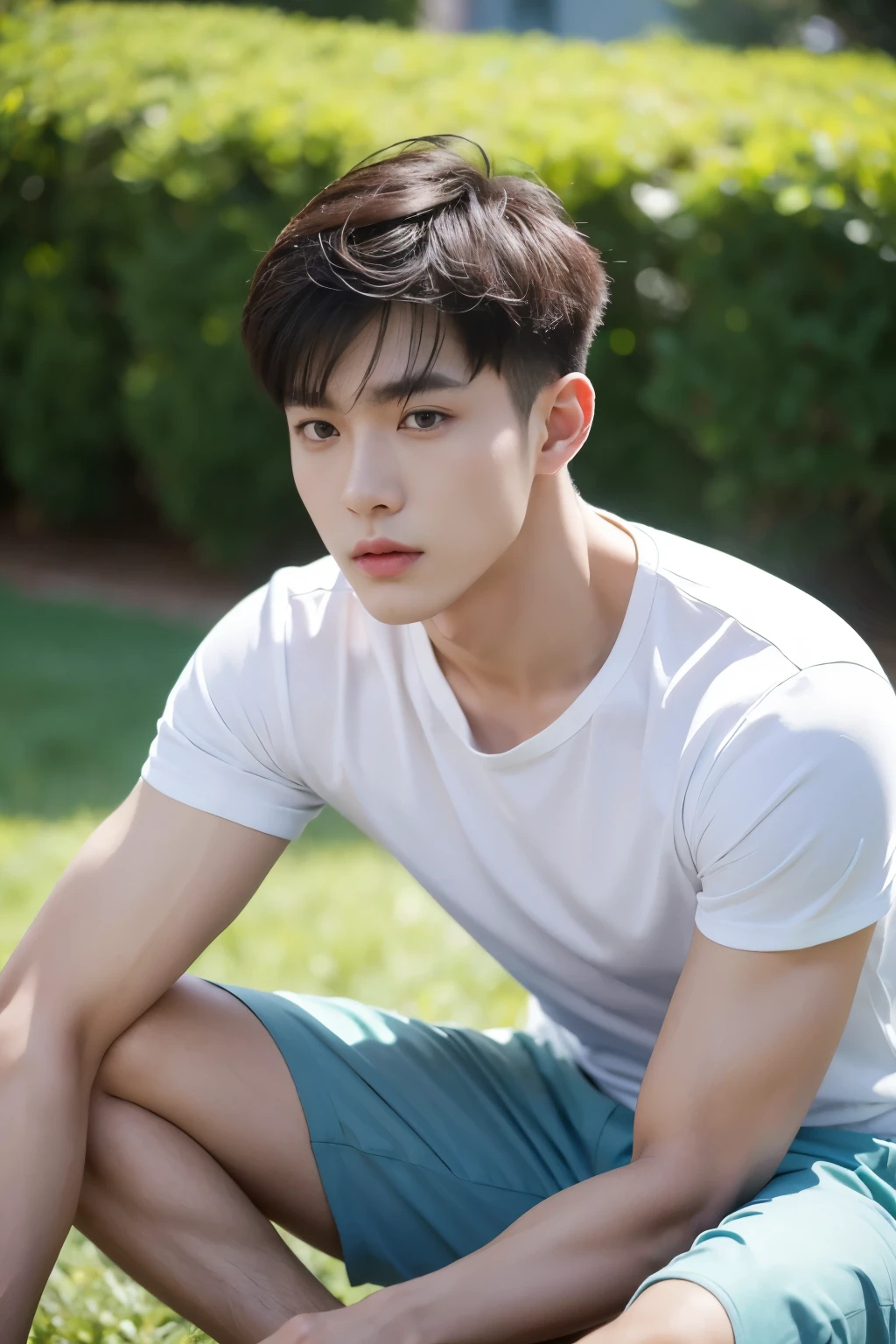 Asian muscular boy sitting on grass in white shirt micro thong, muscular young male,, mid shot portrait, high quality portrait, Attractive pose, yanjun cheng, Inspired by Bian Shoumin, gorgeous young model, Casual pose, portrait a  25 - year - old boy, casual photography, Realistic. Cheng Yi, cute young man