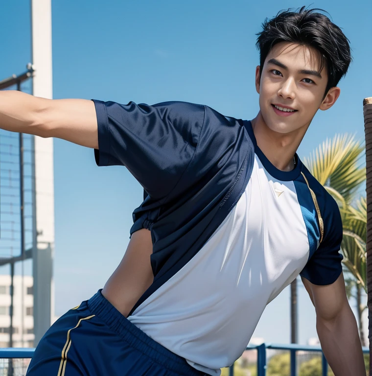 1 handsome Japanese guy, manly,tall, 20 years old,strong sport body, detailed muscles, Who is Shi Yu?, Li Yuanbin, Kim Hyung Tae, Kim Hyung Tae,,Kim Hyung Tae, Yin Shishan, man wearing a blue shirt and shorts, naked chest, big chest abs, navy blue, navy blue, Sports T-shirt, blue, sportswear, loincloth, Gorgeous dark blue clothes,, short sleeves, Gold brocade dark blue clothes, Tennis wear, Wearing skiny sportswear, big bulge, nice bulge shape,big juicy butts, Dark blue decorative clothing,male,male,Highest resolution,Muscles look good,hairy body,Wheat complexion,blue eyes(thin eyes 1:3),whole body image, liblary background, detailed background, beautyfull clear day light, look at the viewer , catching eyes, smirt smile,