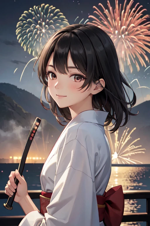 masterpiece, best quality, ultra detailed, highres, extremely detailed CG unity 8k wallpaper, perfect lighting,  very detailed background, beautiful and aesthetic,sharp focus, perfect face, dynamic pose, dynamic angle,
1girl, upper body, (portrait:1.1), medium hair, black hair, multicolored yukata, kanzashi, looking at viewer,  full-face blush, from side, from below, smile,
night, dark sky, misty lake, mountainous horizon, break,aerial fireworks,  (Full of sky fireworks:1.1),
break, (Holding a wakizashi unsheathed in her hand:1.2)