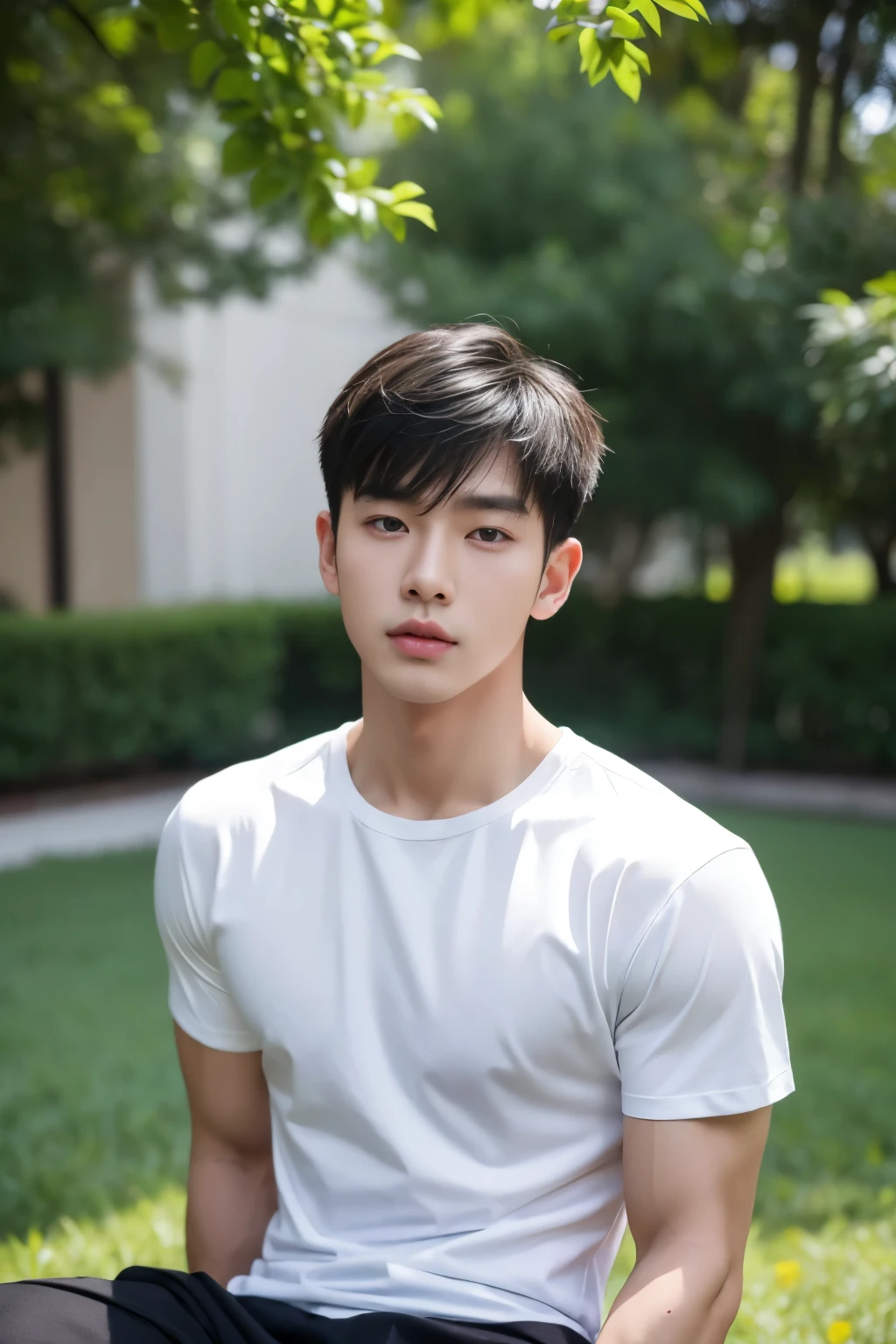Asian muscular boy sitting on grass , wearing only white shirt, black micro thong, muscular young male,, mid shot portrait, high quality portrait, Attractive pose, yanjun cheng, Inspired by Bian Shoumin, gorgeous young model, Casual pose, portrait a 25 - year - old boy, casual photography, Realistic. Cheng Yi, cute young man